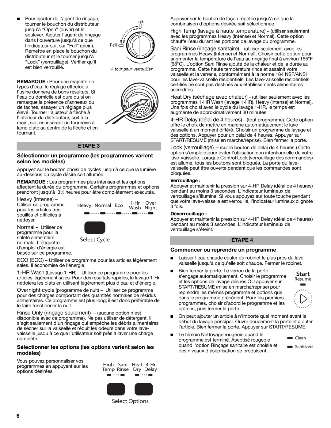 Amana ADB1100AWW, ADB1100AWB, ADB1100AWS warranty Commencer ou reprendre un programme, Verrouillage, Déverrouillage 