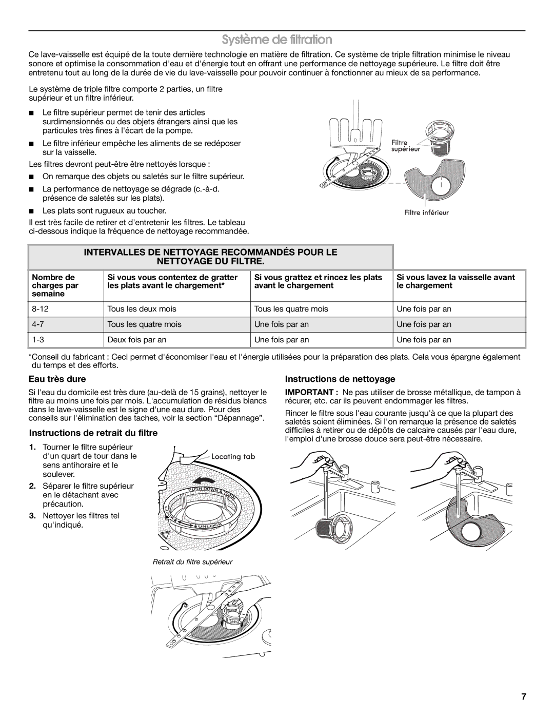 Amana ADB1100AWB Système de filtration, Eau très dure, Instructions de nettoyage, Instructions de retrait du filtre 