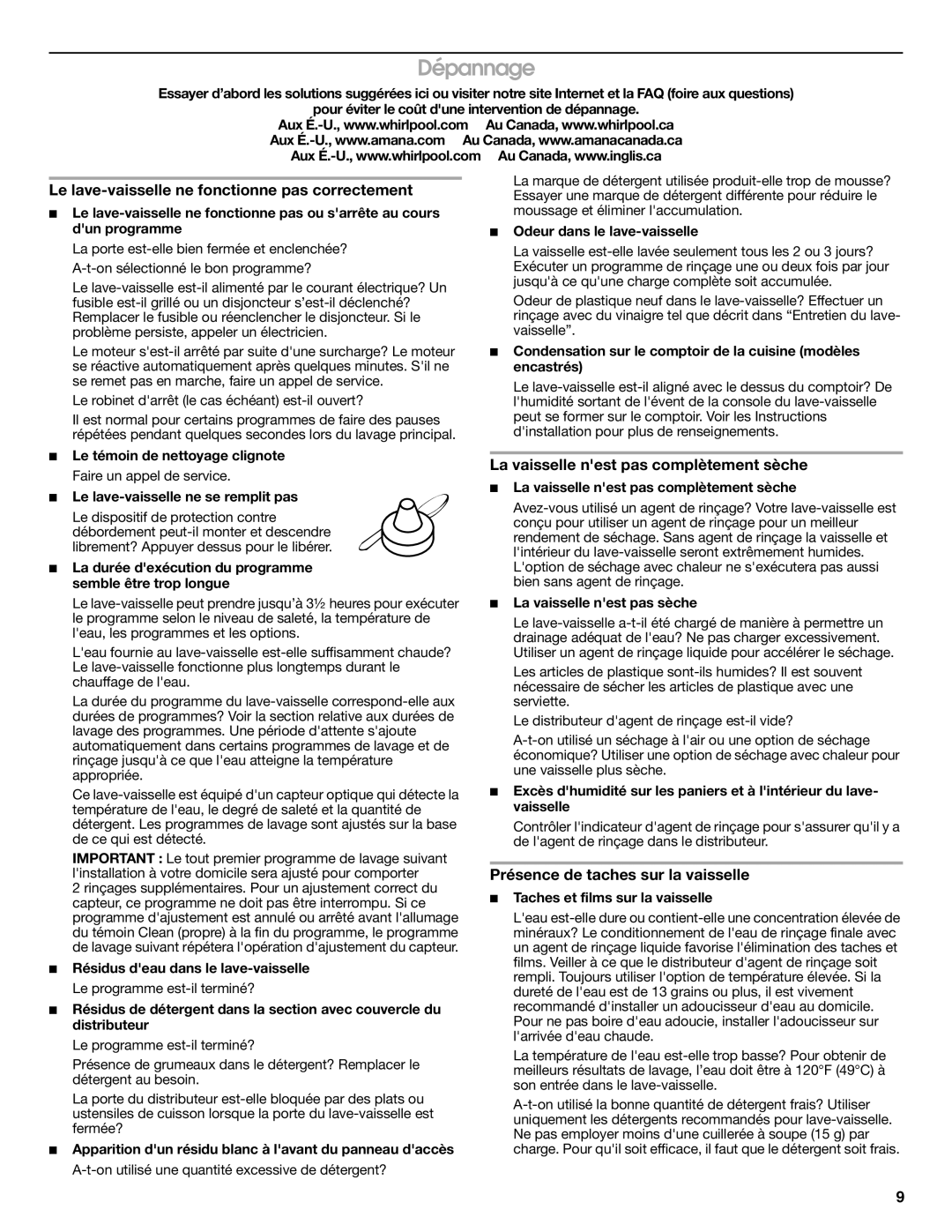 Amana ADB1100AWW Dépannage, Le lave-vaisselle ne fonctionne pas correctement, La vaisselle nest pas complètement sèche 