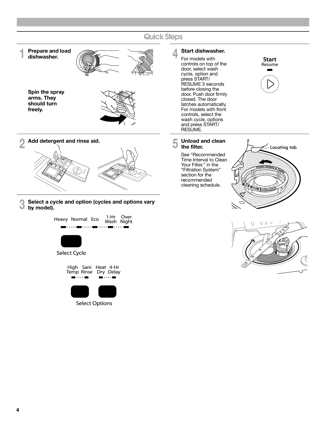 Amana ADB1100AWB warranty Quick Steps, Filter, Select a cycle and option cycles and options vary by model, Unload and clean 