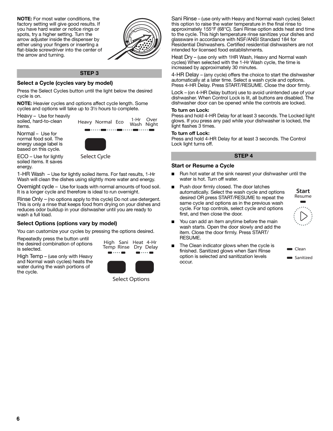 Amana ADB1100AWW Select a Cycle cycles vary by model, Select Options options vary by model, Start or Resume a Cycle 