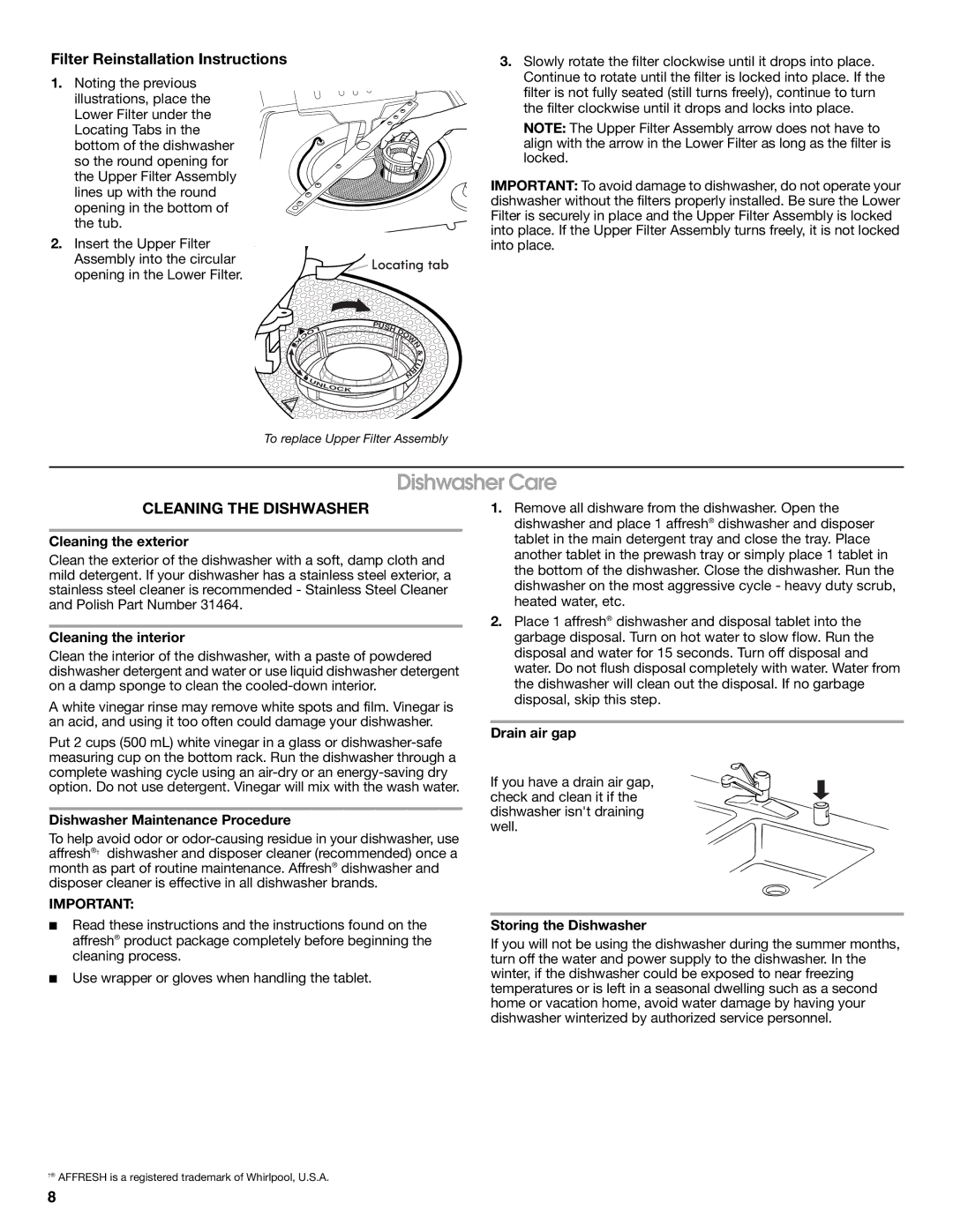 Amana ADB1100AWS, ADB1100AWW, ADB1100AWB Dishwasher Care, Filter Reinstallation Instructions, Cleaning the Dishwasher 