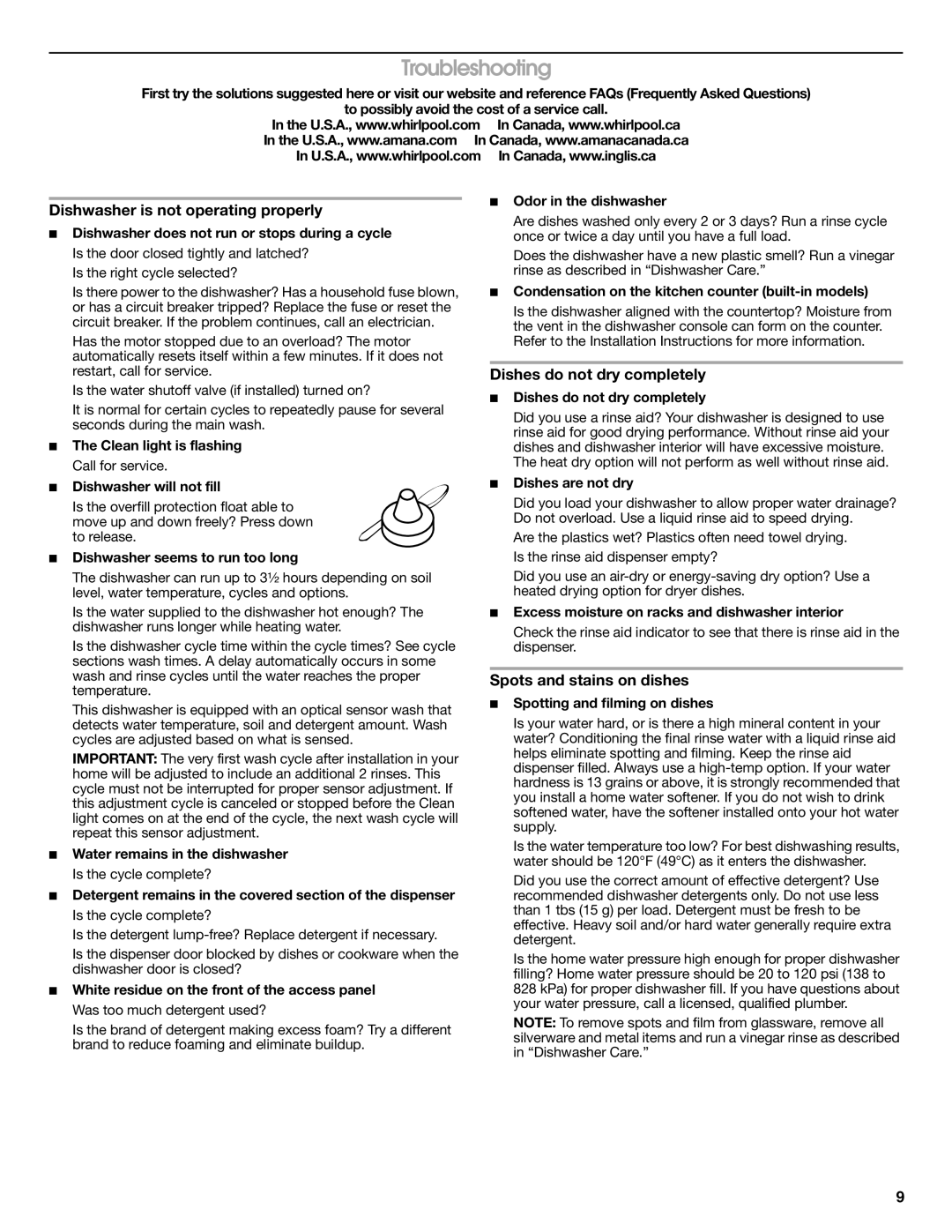 Amana ADB1100AWW, ADB1100AWB warranty Troubleshooting, Dishwasher is not operating properly, Dishes do not dry completely 