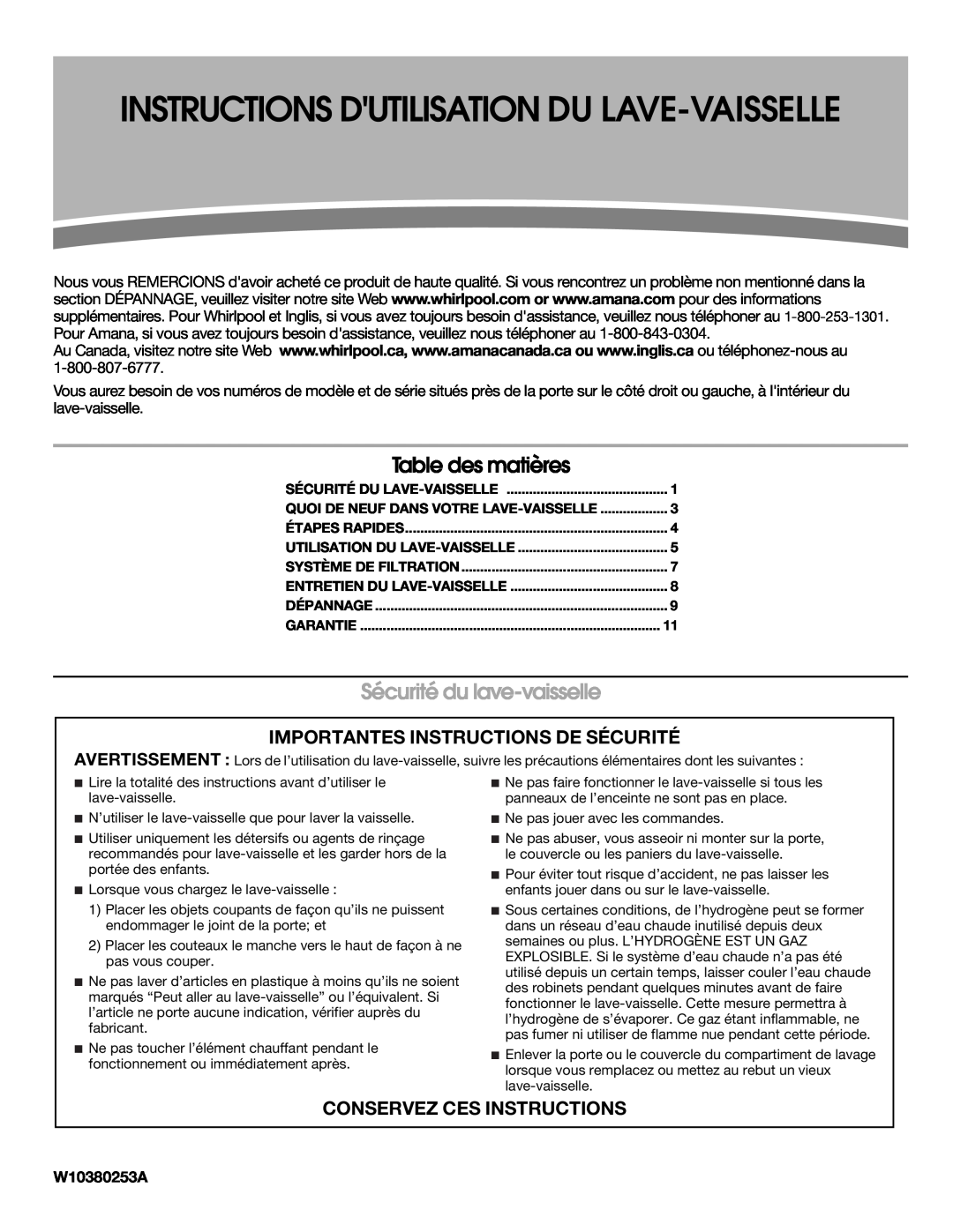 Amana ADB1100AWB warranty Table des matières, Sécurité du lave-vaisselle, Importantes Instructions De Sécurité, W10380253A 