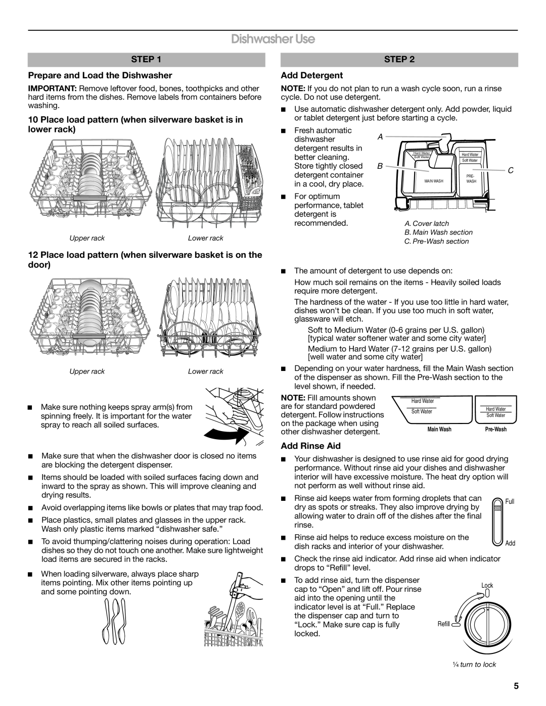 Amana ADB1100AWS, ADB1100AWW Dishwasher Use, STEP Prepare and Load the Dishwasher, STEP Add Detergent, Add Rinse Aid 