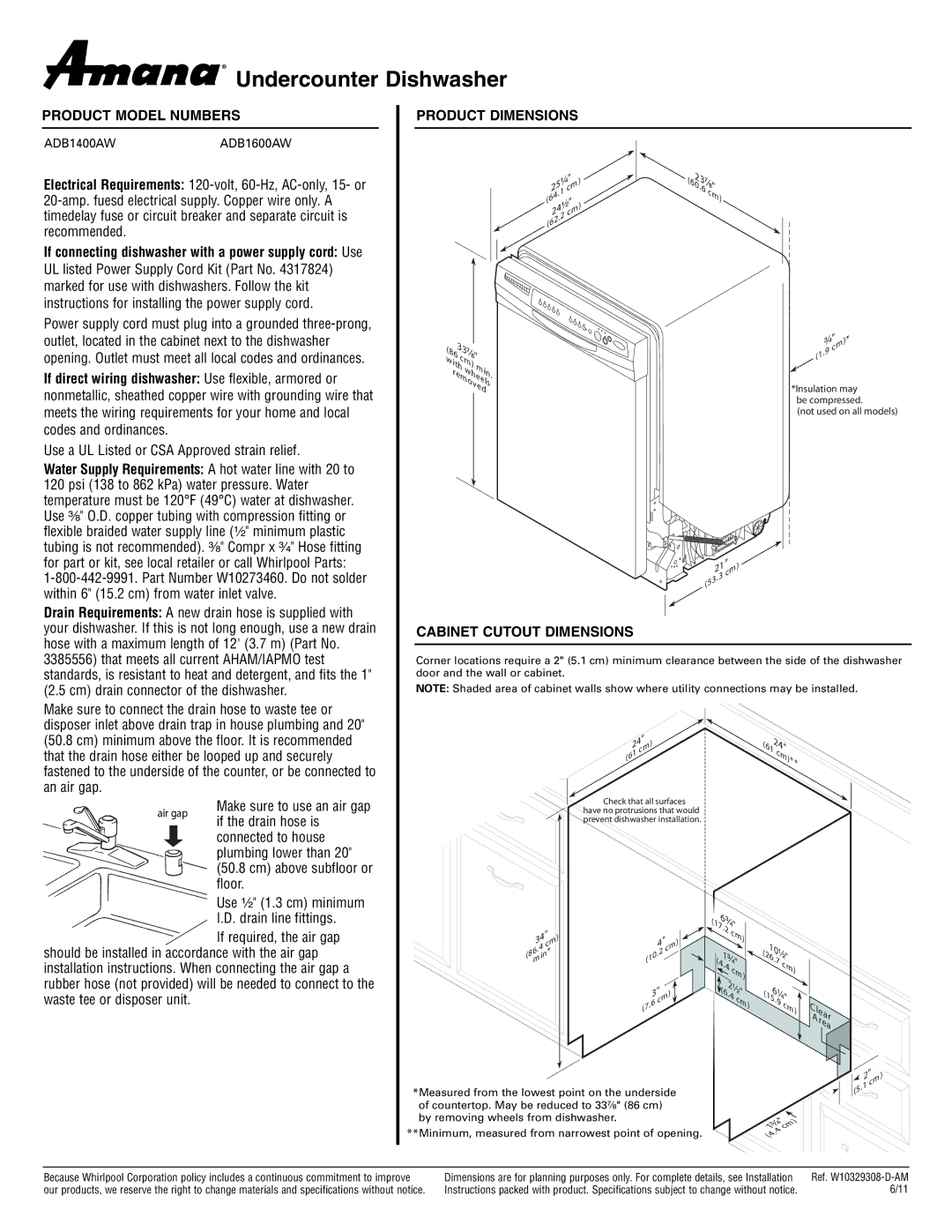 Amana ADB1400AW dimensions Undercounter Dishwasher, ⁷⁄₈, ¹⁄₄ 