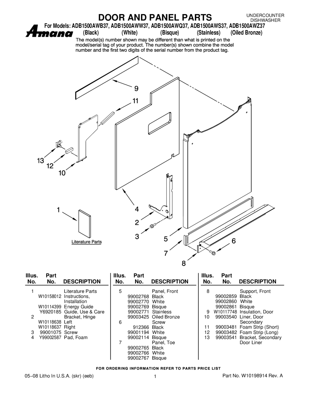 Amana ADB1500AWS37, ADB1500AWB37, ADB1500AWQ37, ADB1500AWZ37 manual Door and Panel Parts, Black White Bisque Stainless 