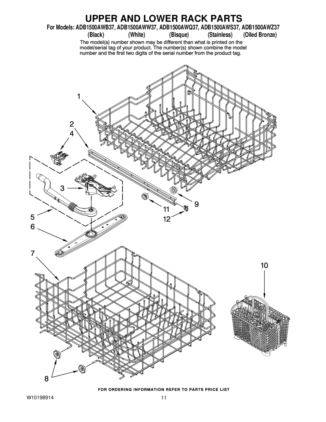 Amana ADB1500AWZ37, ADB1500AWB37, ADB1500AWS37, ADB1500AWQ37 manual Upper and Lower Rack Parts 