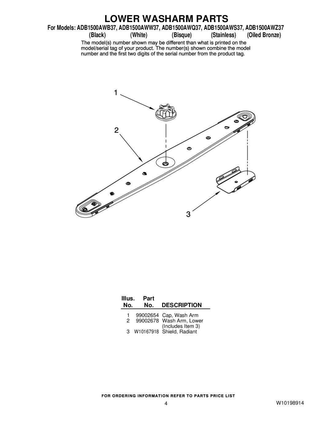 Amana ADB1500AWB37, ADB1500AWS37, ADB1500AWQ37, ADB1500AWZ37 manual Lower Washarm Parts 