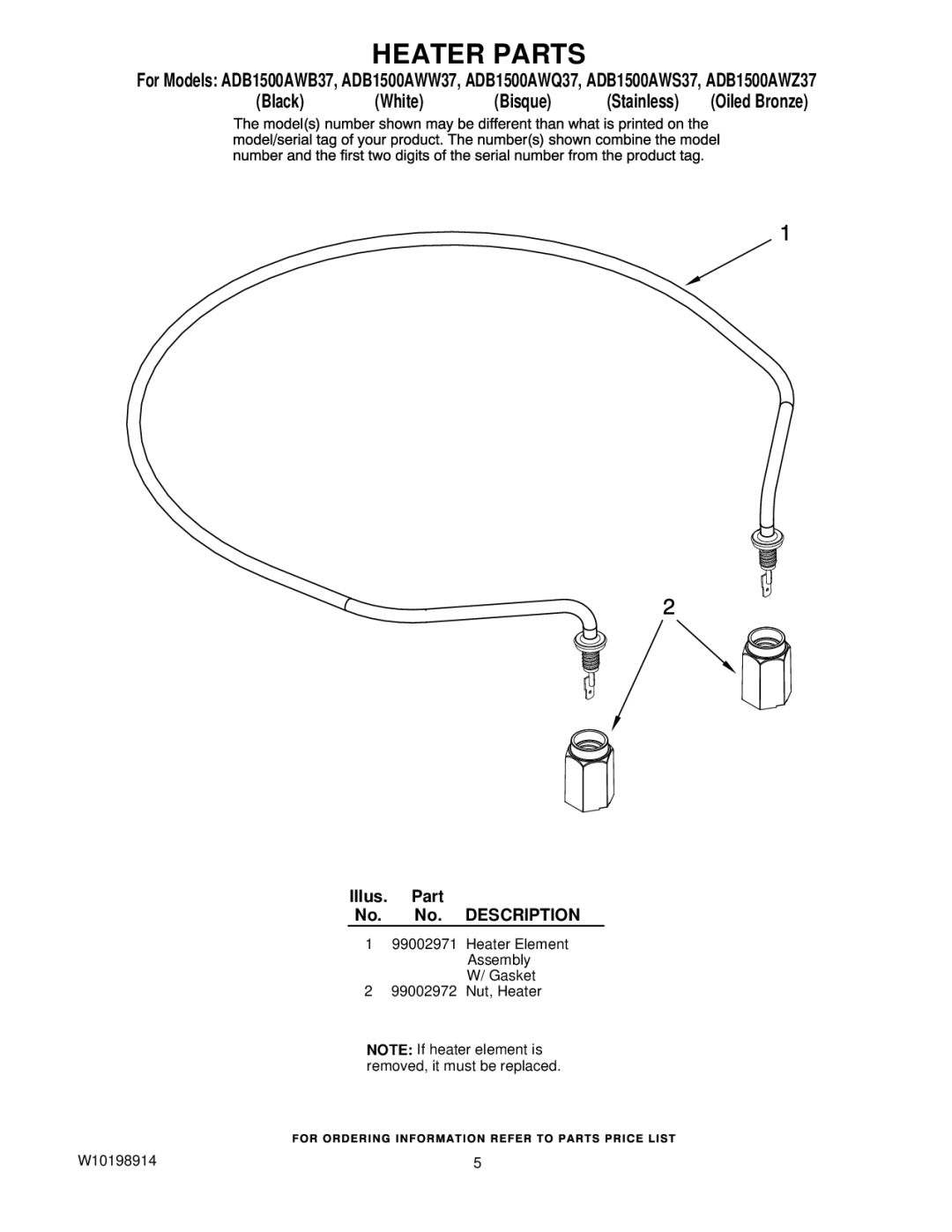 Amana ADB1500AWS37, ADB1500AWB37, ADB1500AWQ37, ADB1500AWZ37 manual Heater Parts 