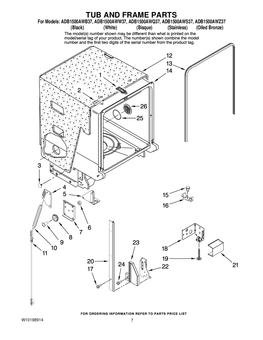 Amana ADB1500AWZ37, ADB1500AWB37, ADB1500AWS37, ADB1500AWQ37 manual TUB and Frame Parts 