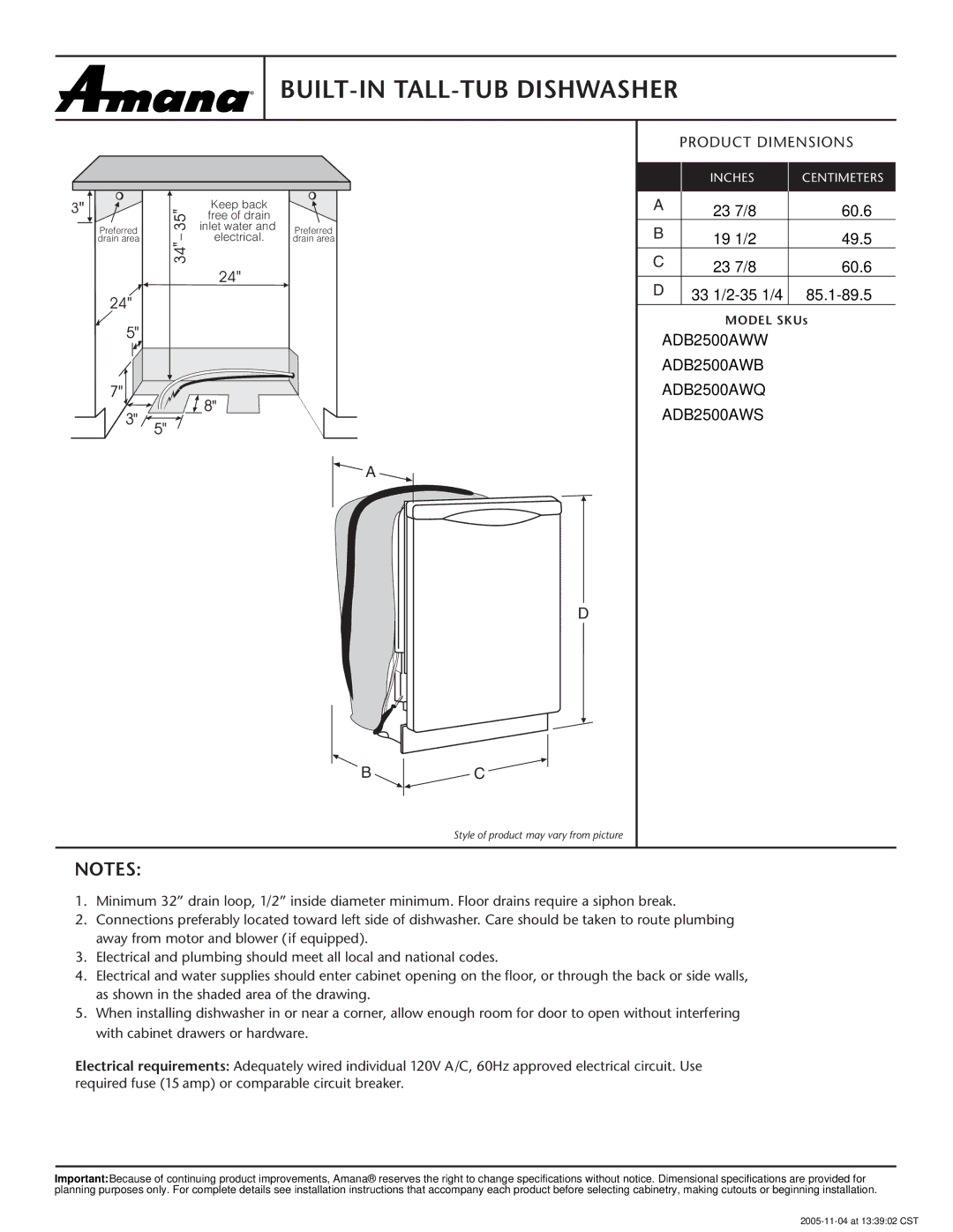 Amana dimensions BUILT-IN TALL-TUB Dishwasher, Product Dimensions, ADB2500AWW ADB2500AWB ADB2500AWQ ADB2500AWS 