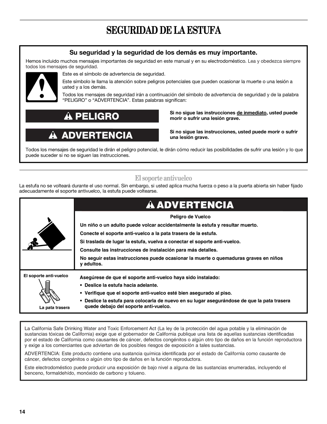 Amana AEP222VAW manual Seguridad DE LA Estufa, El soporteantivuelco 