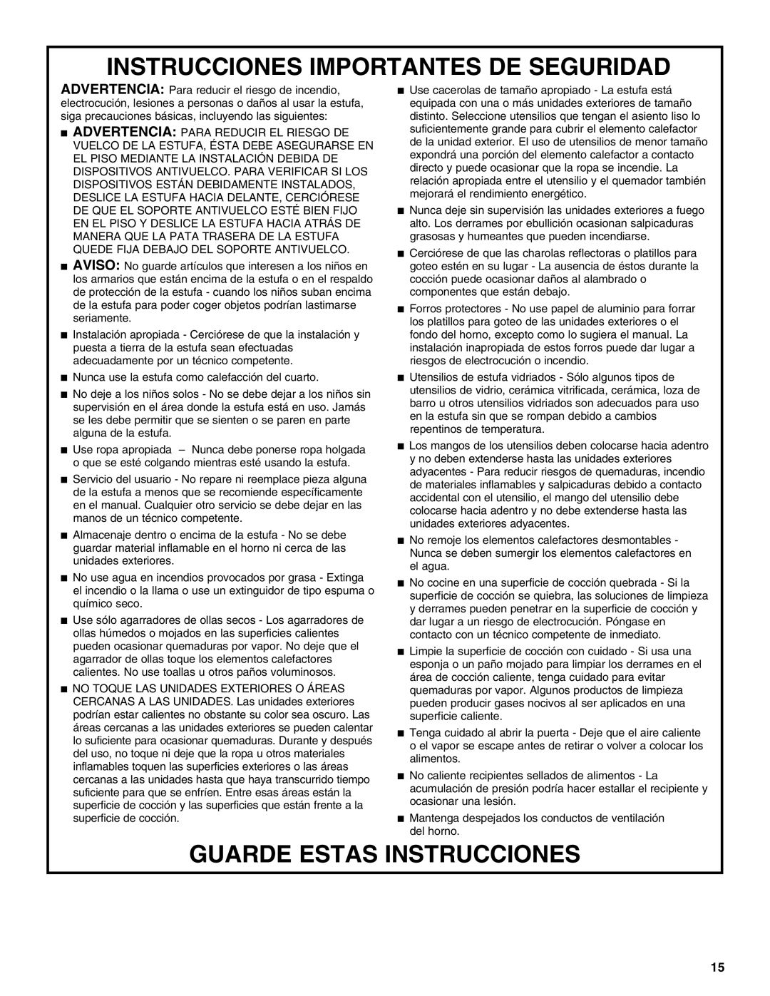 Amana AEP222VAW manual Guarde Estas Instrucciones 