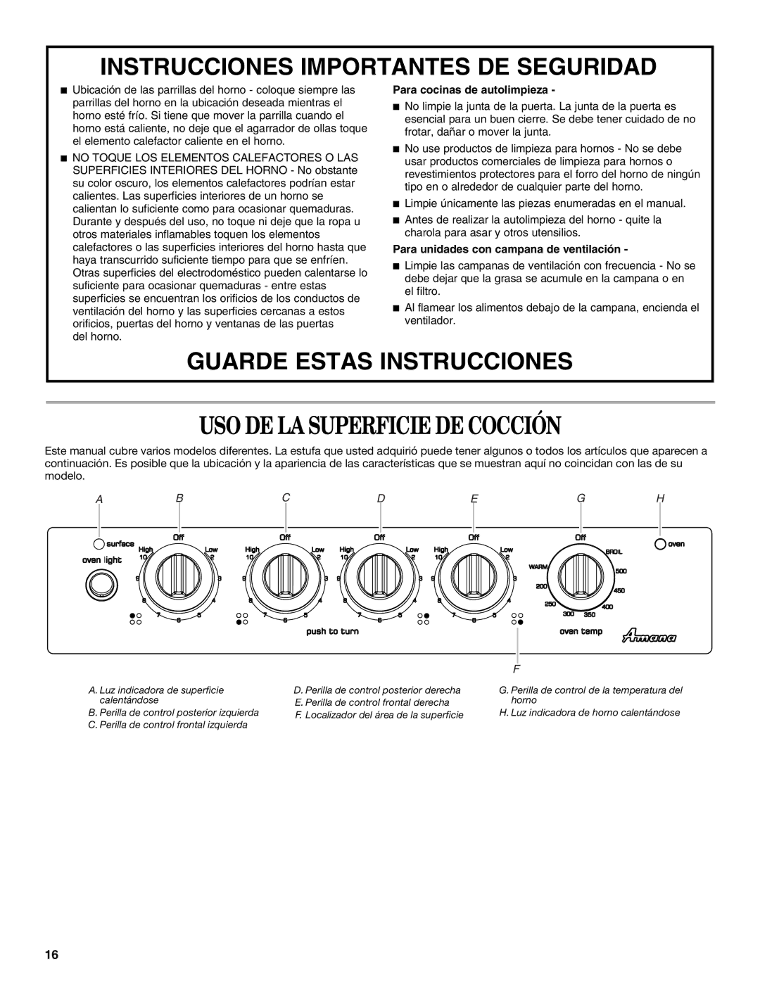 Amana AEP222VAW manual USO DE LA Superficie DE Cocción, Para cocinas de autolimpieza 