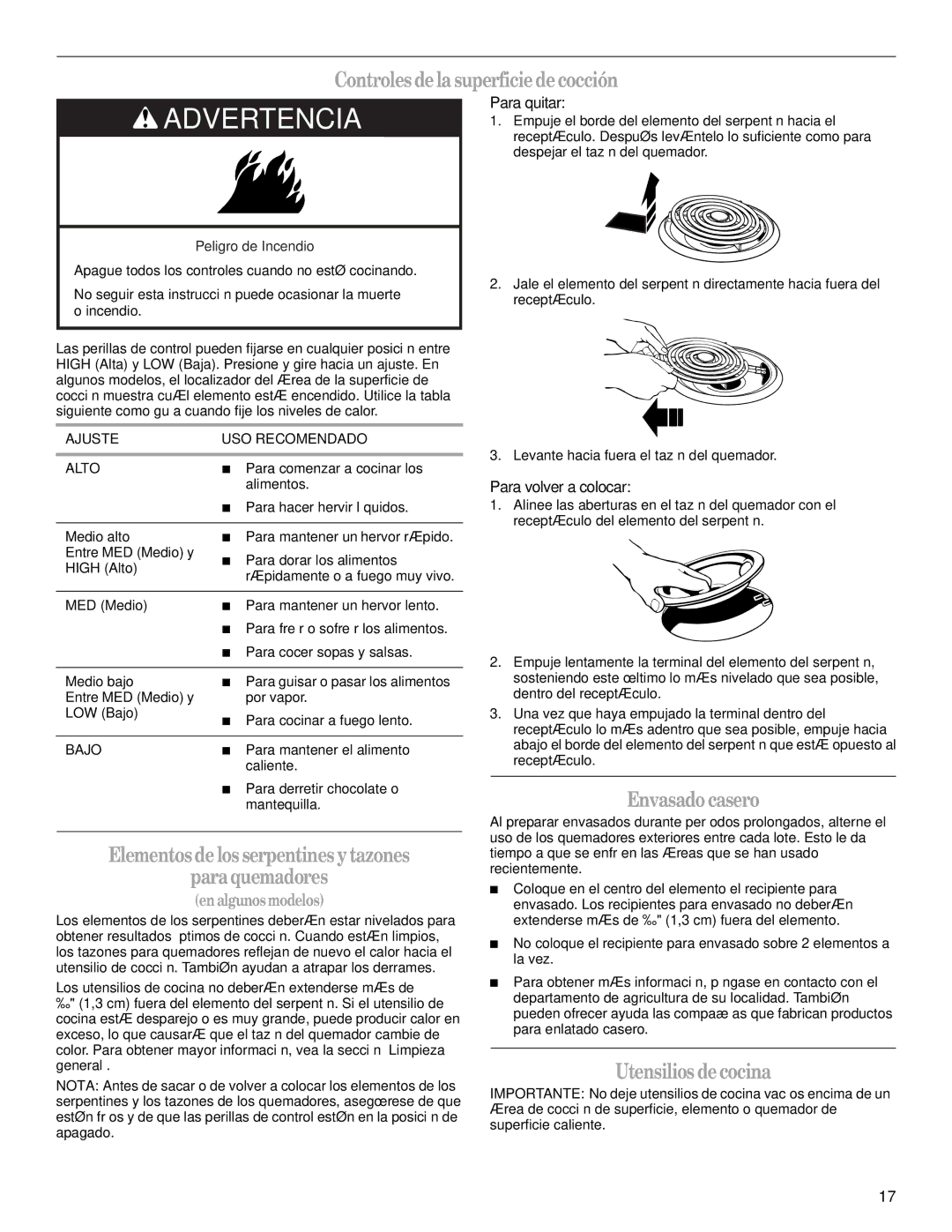 Amana AEP222VAW manual Controlesdelasuperficiedecocción, Elementosdelosserpentines ytazones Paraquemadores, Envasadocasero 