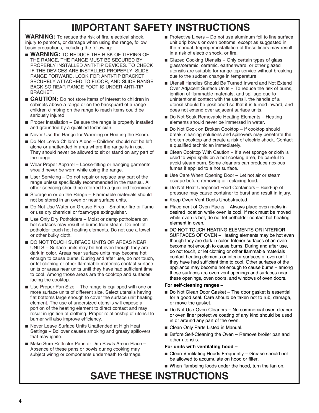 Amana AEP222VAW manual Important Safety Instructions 