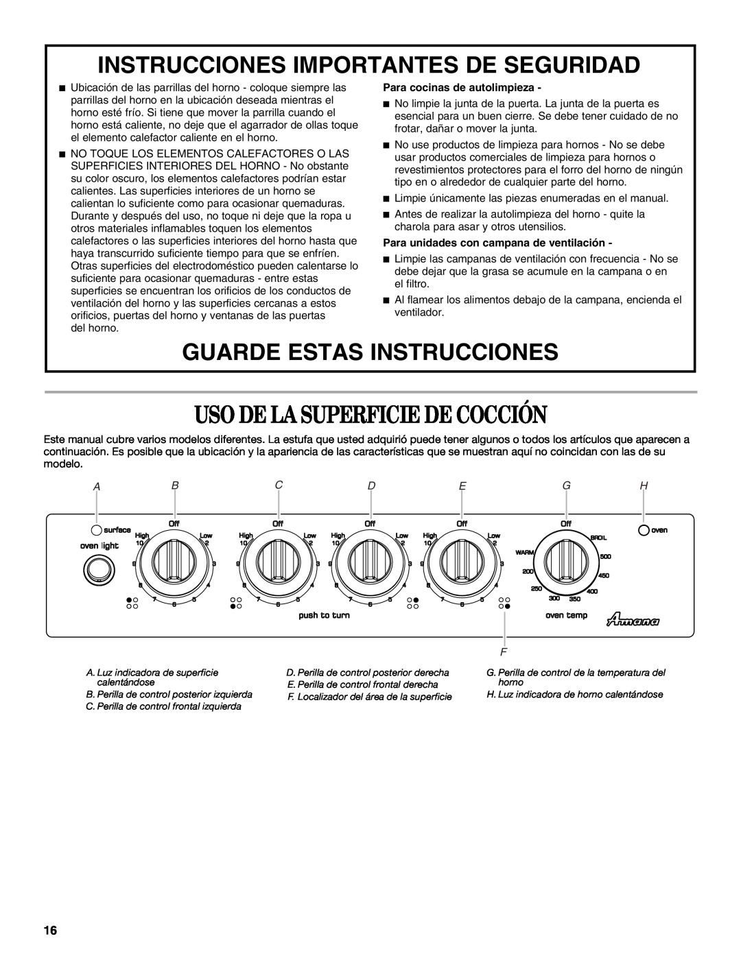Amana AEP222VAW manual Uso De La Superficie De Cocción, Instrucciones Importantes De Seguridad, Guarde Estas Instrucciones 