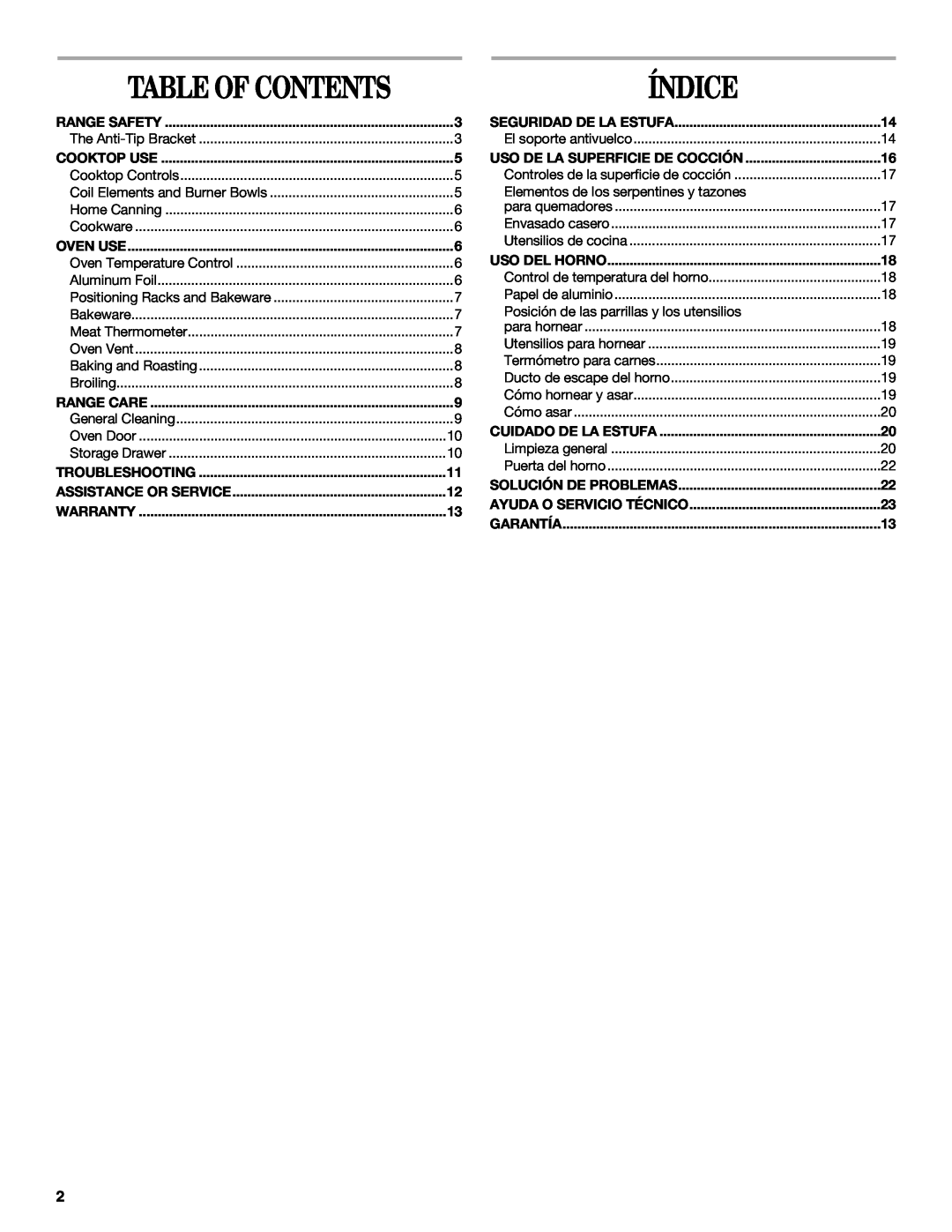 Amana AEP222VAW manual Table Of Contents, Índice 