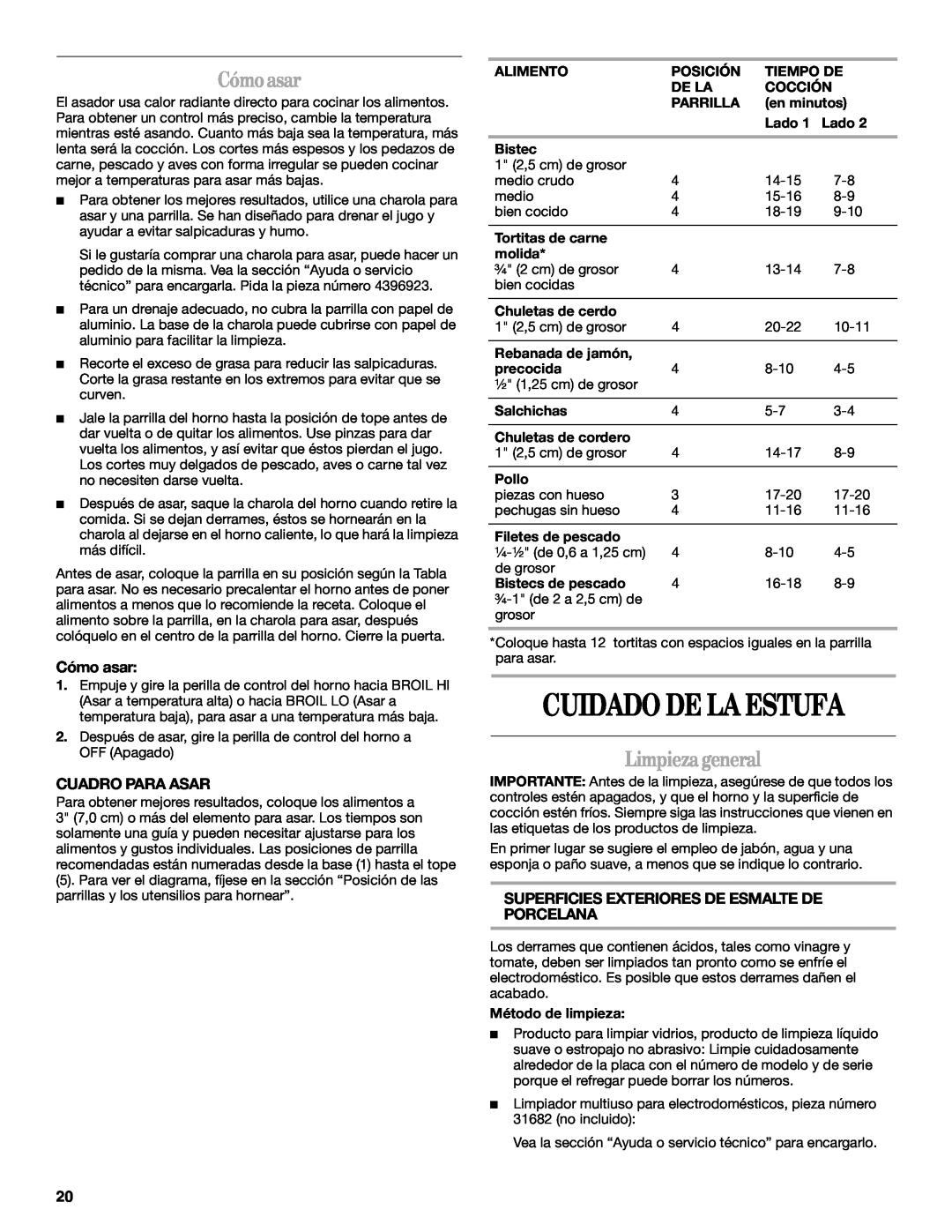 Amana AEP222VAW manual Cuidado De La Estufa, Cómoasar, Limpiezageneral, Cómo asar, Cuadro Para Asar 