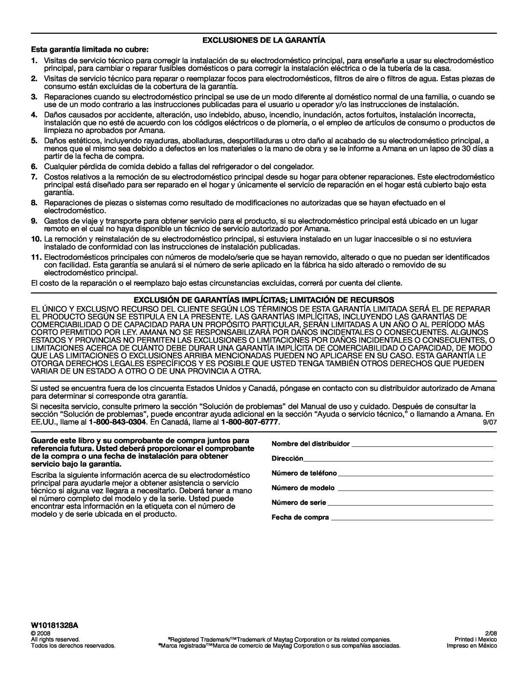 Amana AEP222VAW manual Exclusiones De La Garantía, Esta garantía limitada no cubre, W10181328A 