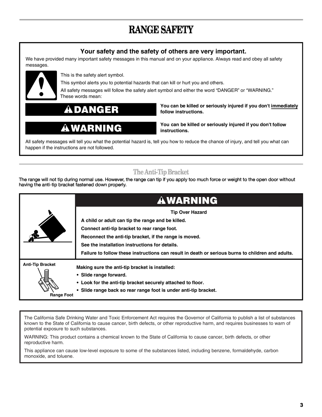 Amana AEP222VAW manual Range Safety, Danger, TheAnti-TipBracket 