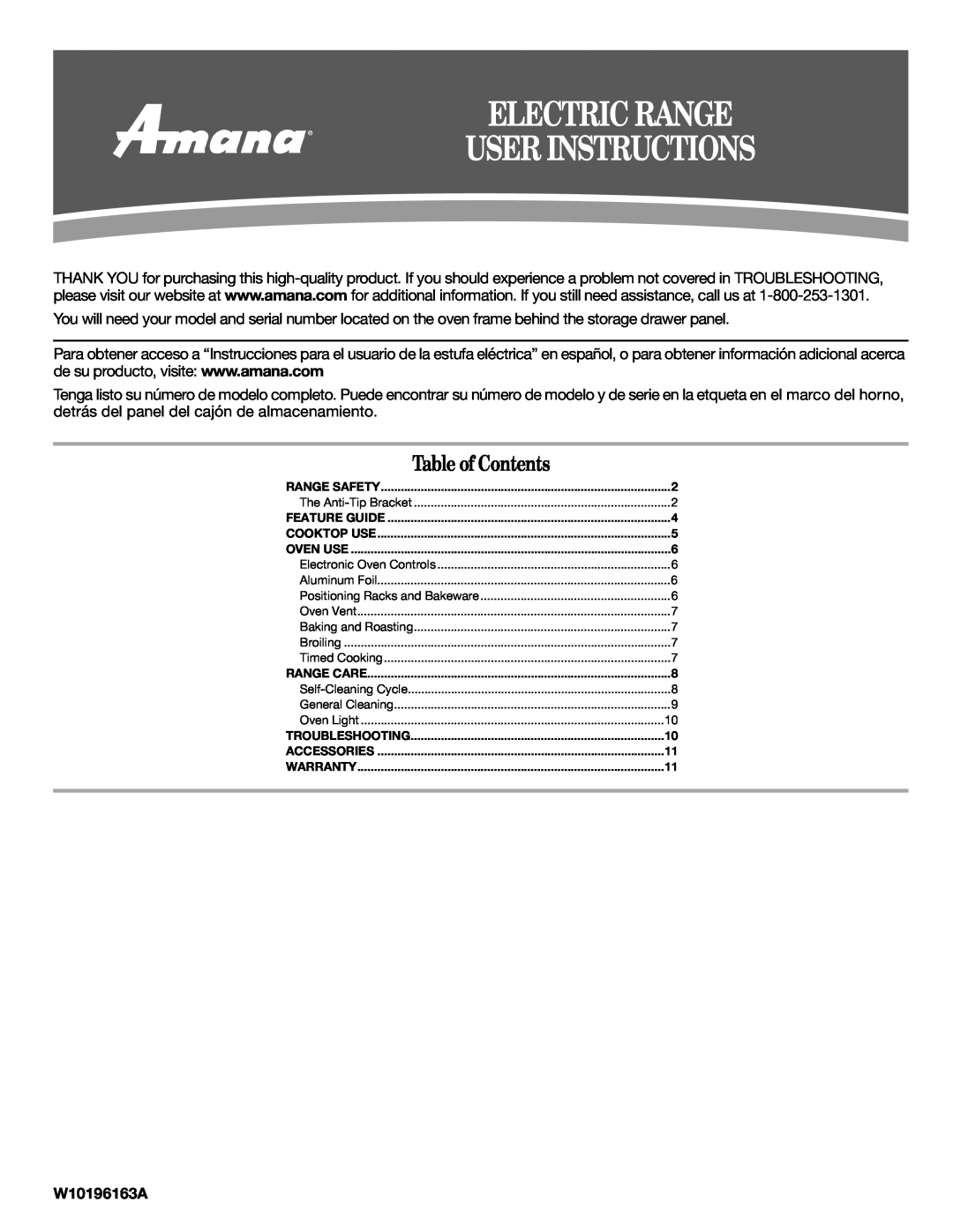 Amana AER5522VAW warranty W10196163A, Electric Range User Instructions, Table of Contents 