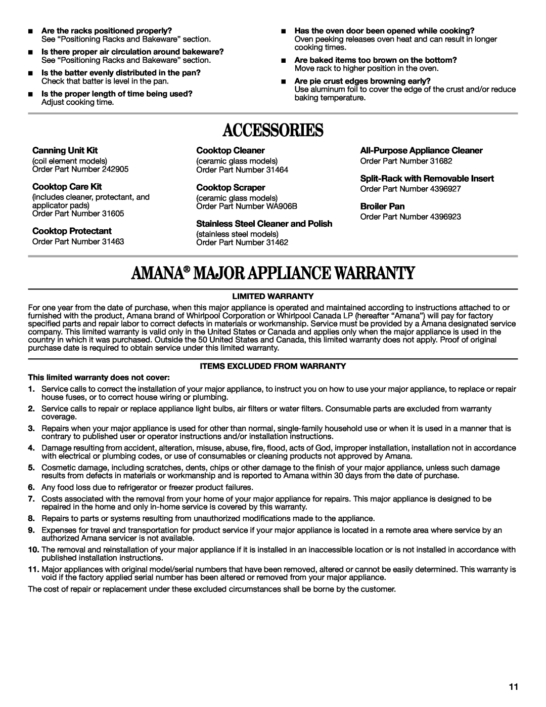 Amana AER5522VAW warranty Accessories, Amana Major Appliance Warranty, Canning Unit Kit, Cooktop Cleaner, Cooktop Care Kit 
