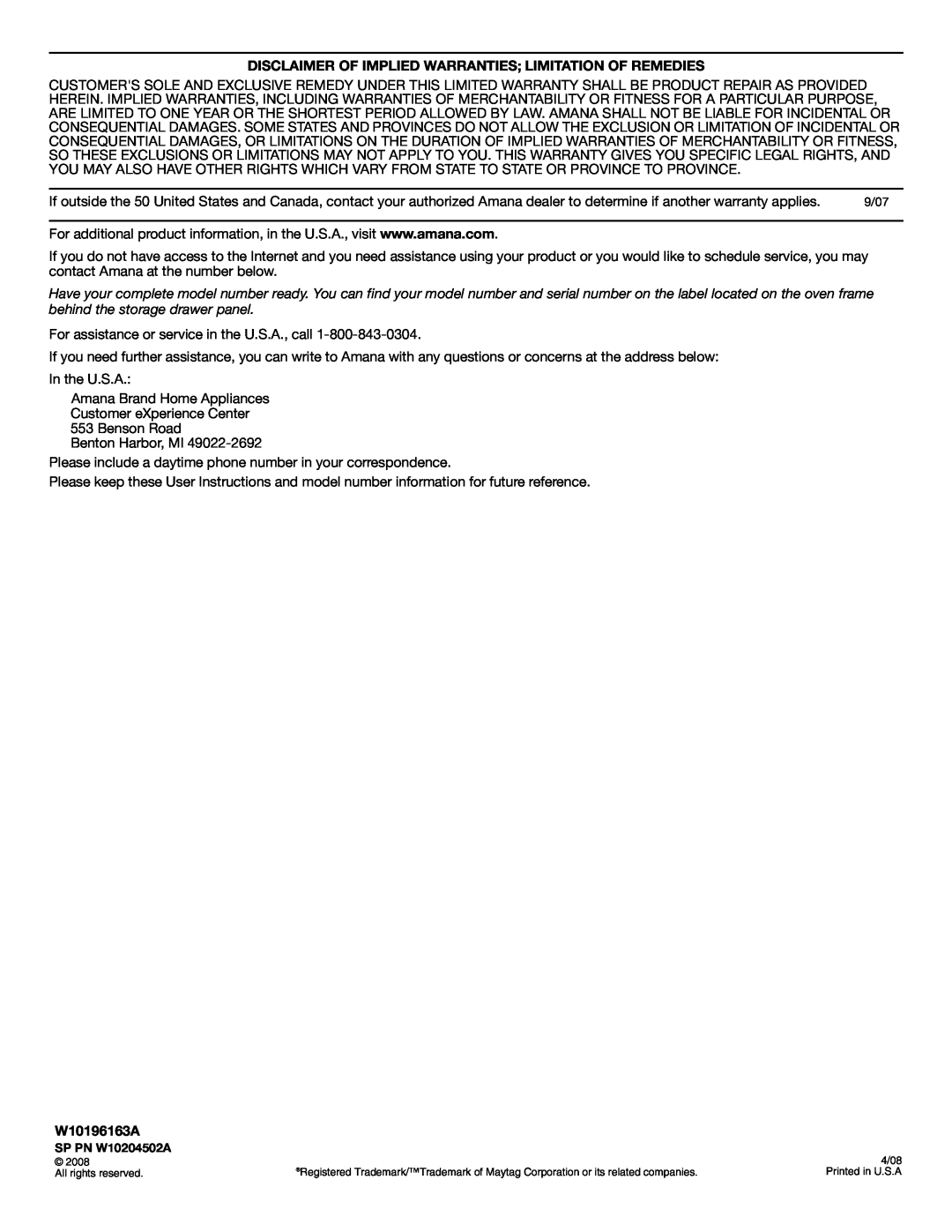 Amana AER5522VAW warranty Disclaimer Of Implied Warranties Limitation Of Remedies, W10196163A 