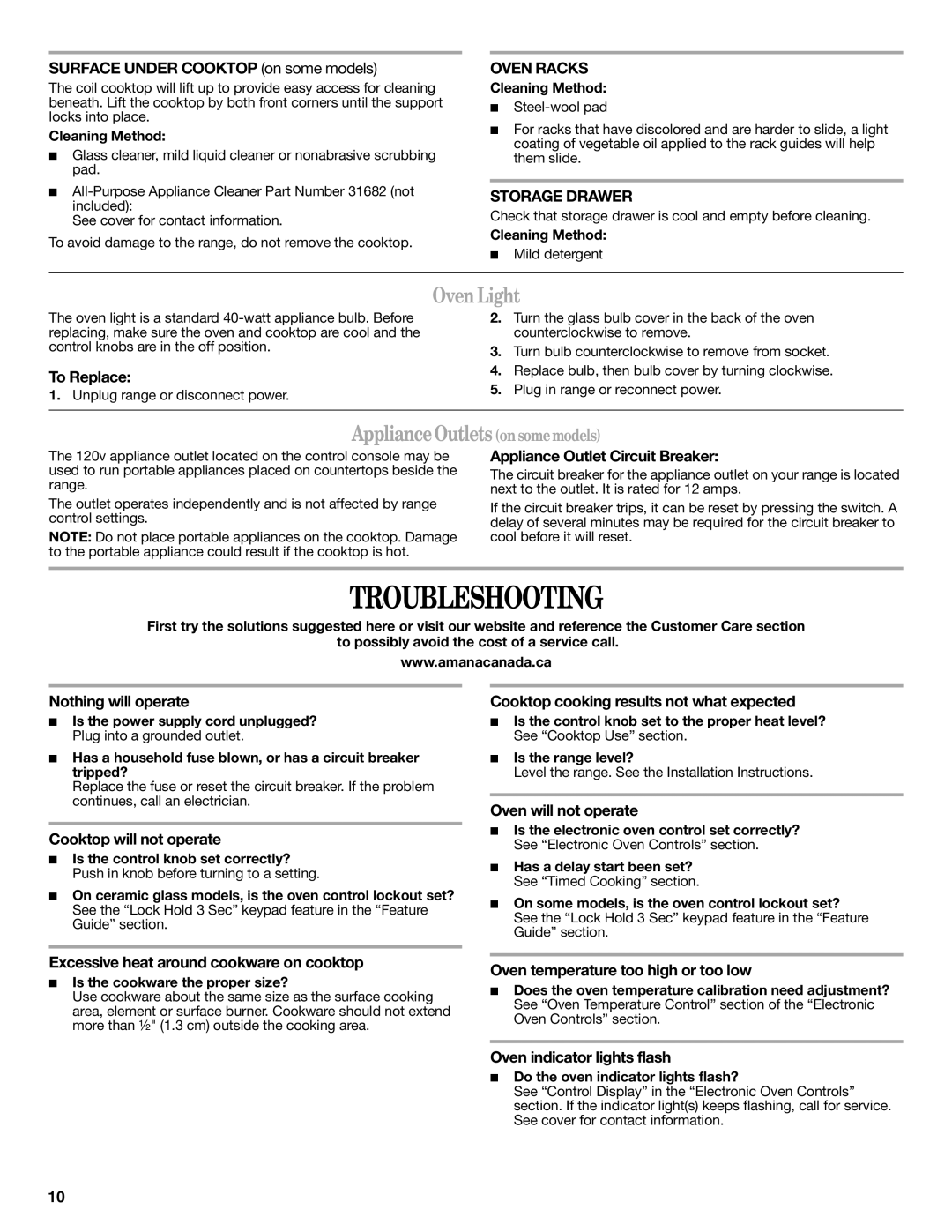 Amana AER5522VCW warranty Troubleshooting, OvenLight, ApplianceOutlets onsomemodels 