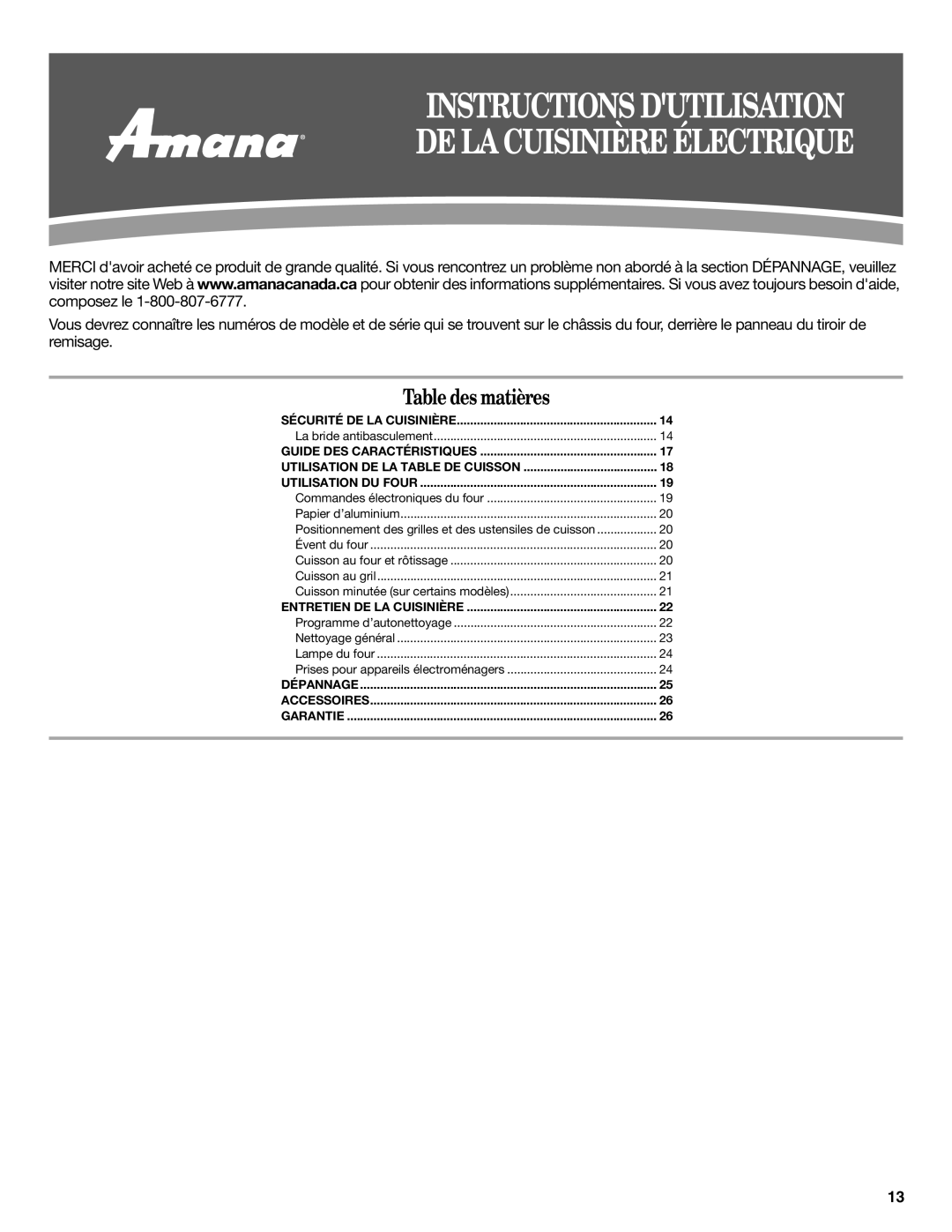 Amana AER5522VCW warranty Instructions Dutilisation DE LA Cuisinière Électrique 