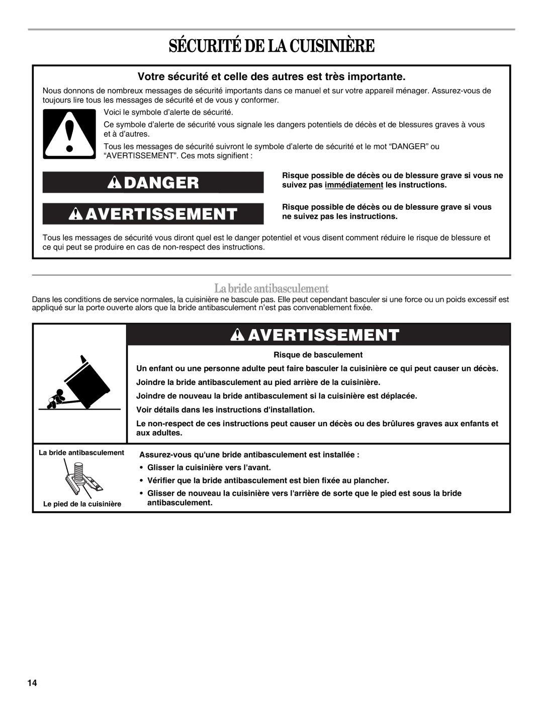 Amana AER5522VCW warranty Sécurité DE LA Cuisinière, Labrideantibasculement 