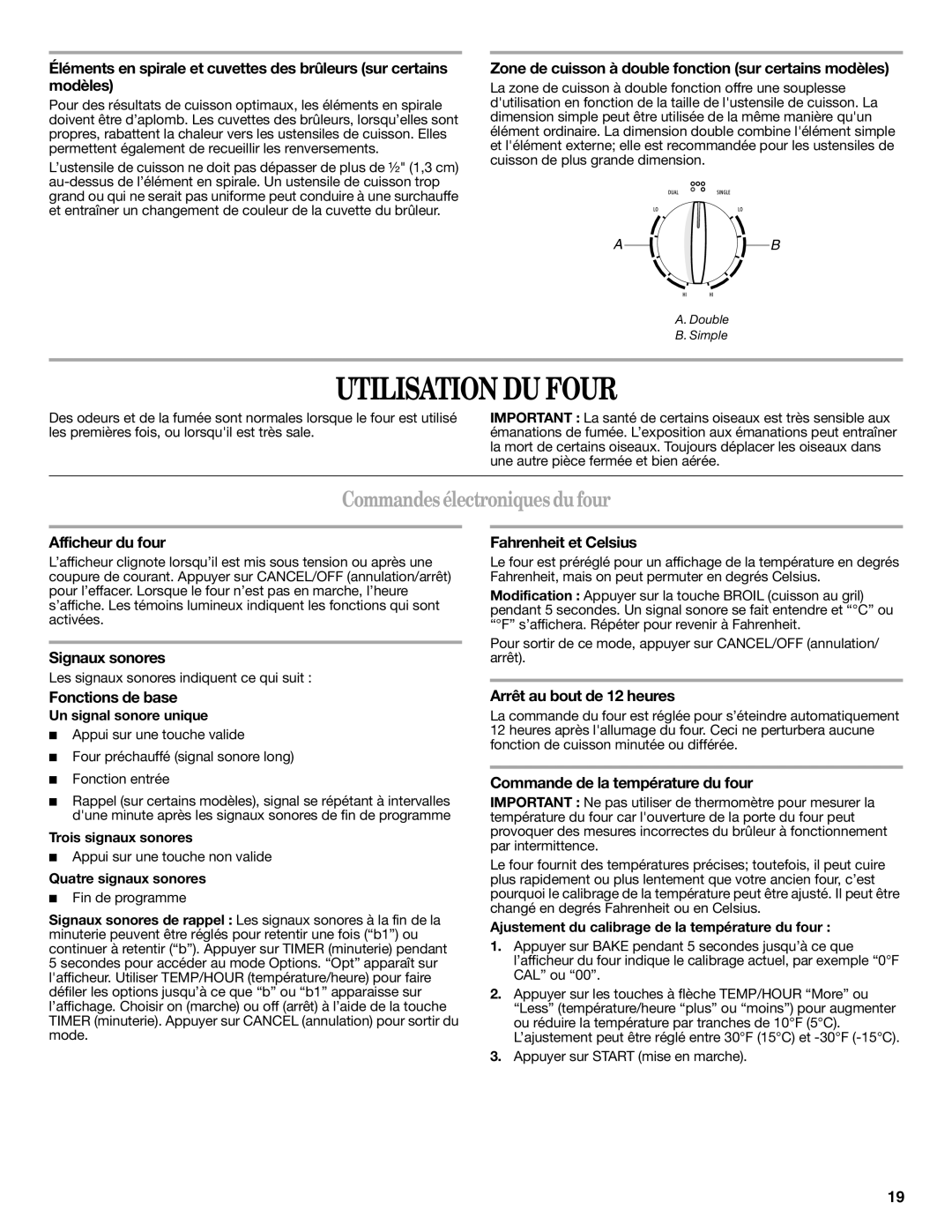 Amana AER5522VCW warranty Utilisation DU Four, Commandes électroniquesdufour 