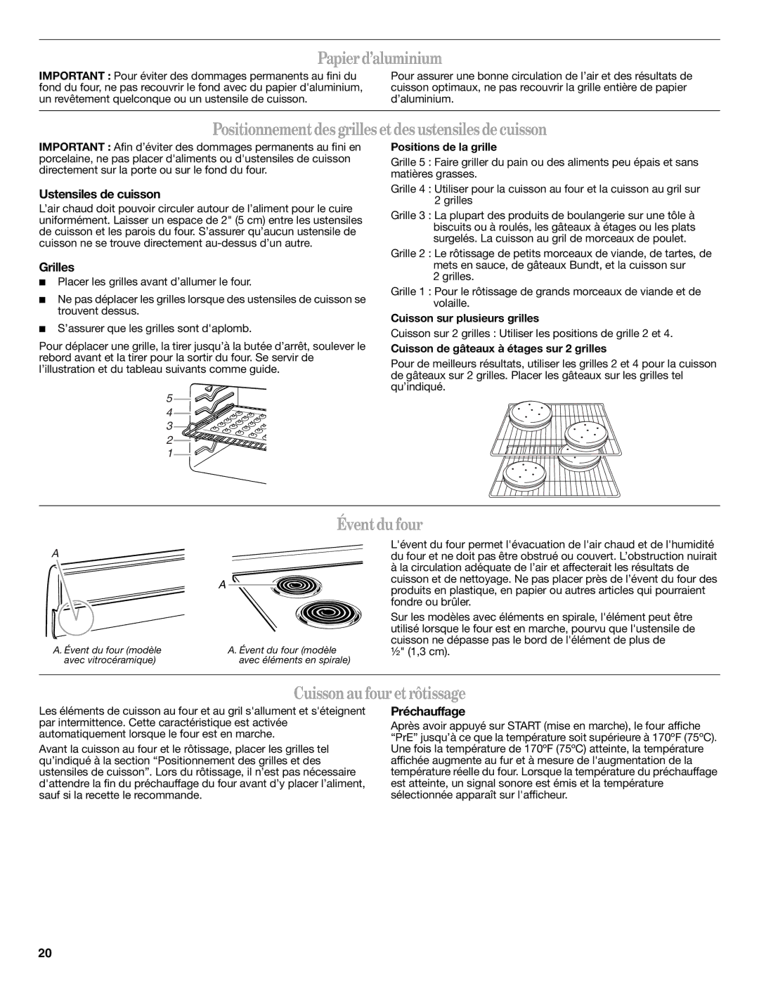 Amana AER5522VCW warranty Papierd’aluminium, Positionnementdes grilles etdesustensiles decuisson, Éventdufour 