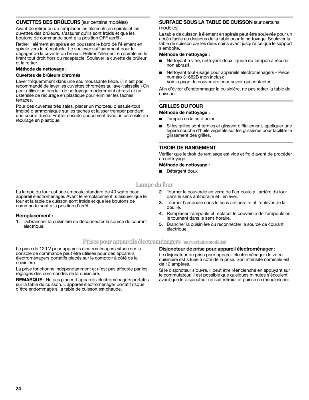 Amana AER5522VCW warranty Lampedufour, Prises pourappareilsélectroménagers surcertainsmodèles 