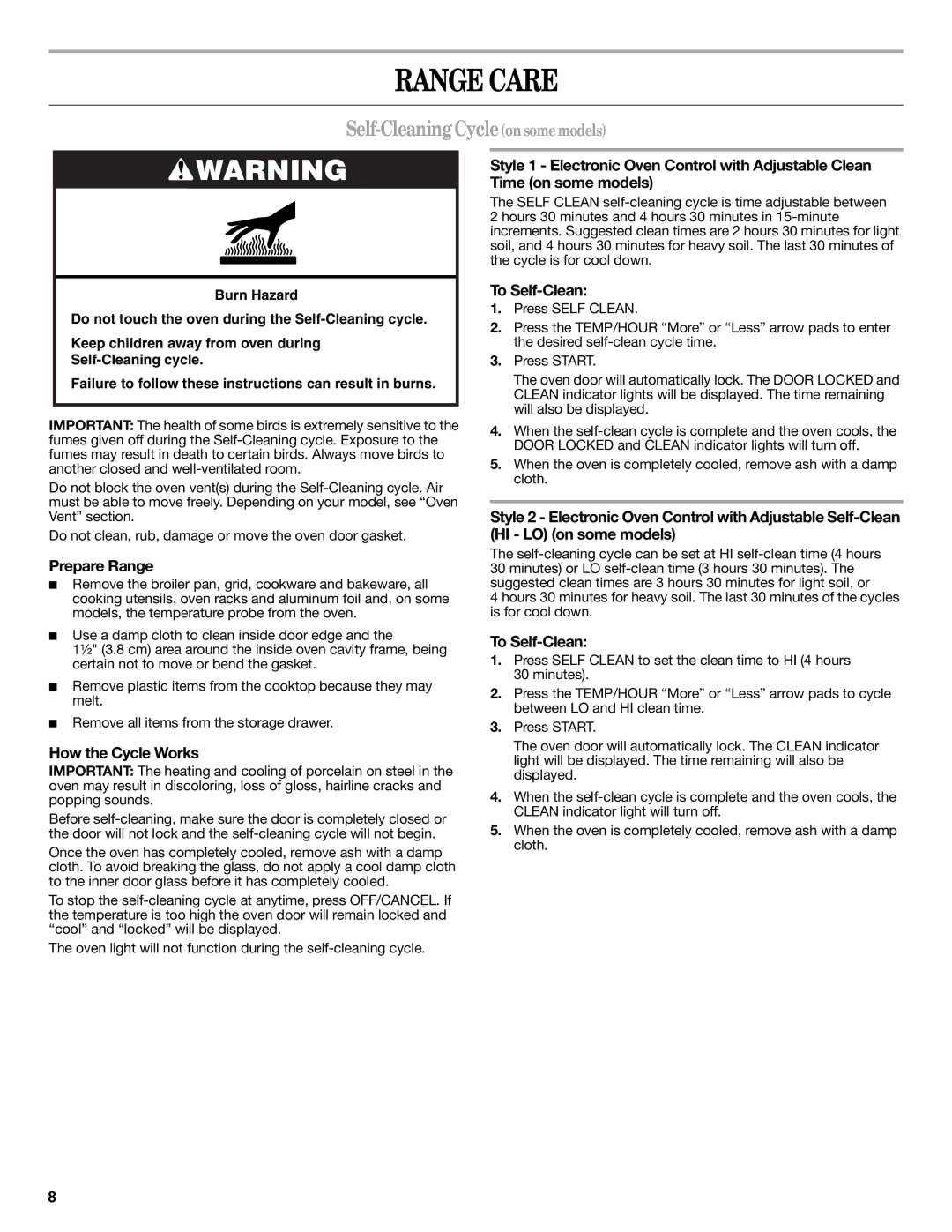 Amana AER5522VCW warranty Range Care, Self-CleaningCycleonsomemodels, To Self-Clean, Prepare Range, How the Cycle Works 