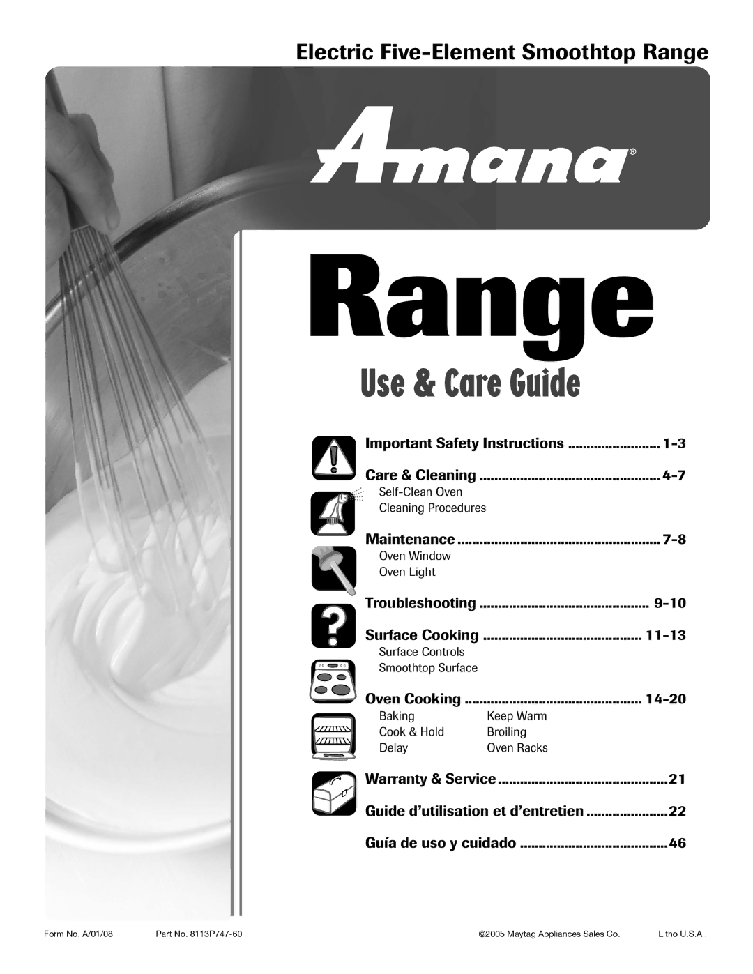 Amana AER5722CAS manual Electric Five-Element Smoothtop Range, Important Safety Instructions, Oven Cooking 14-20 