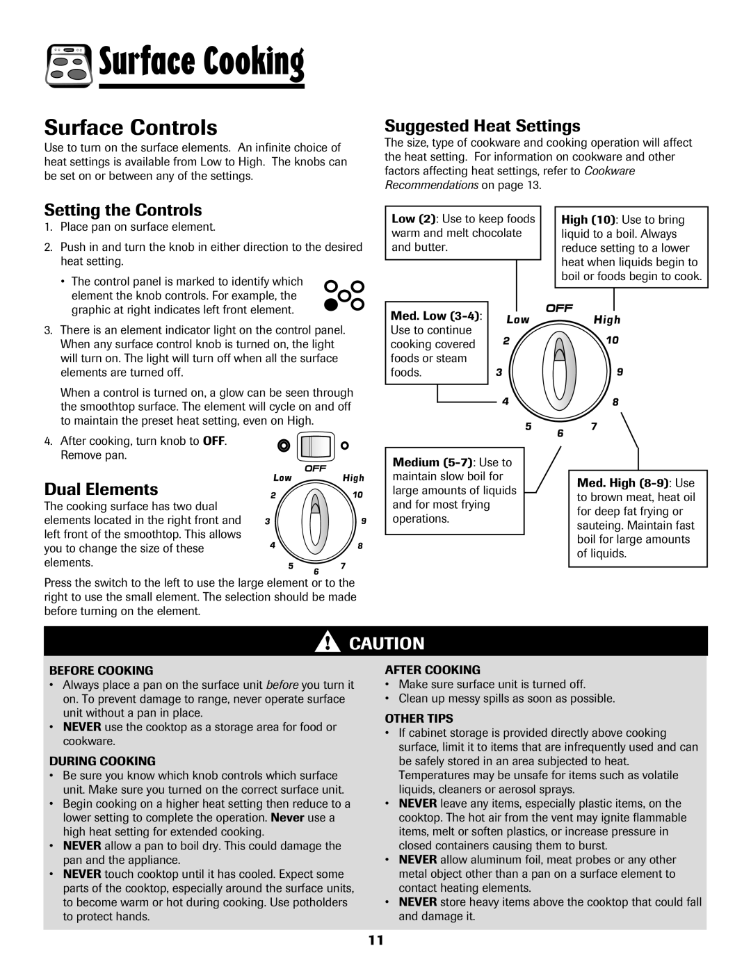 Amana AER5722CAS manual Surface Cooking, Surface Controls, Suggested Heat Settings, Setting the Controls, Dual Elements 