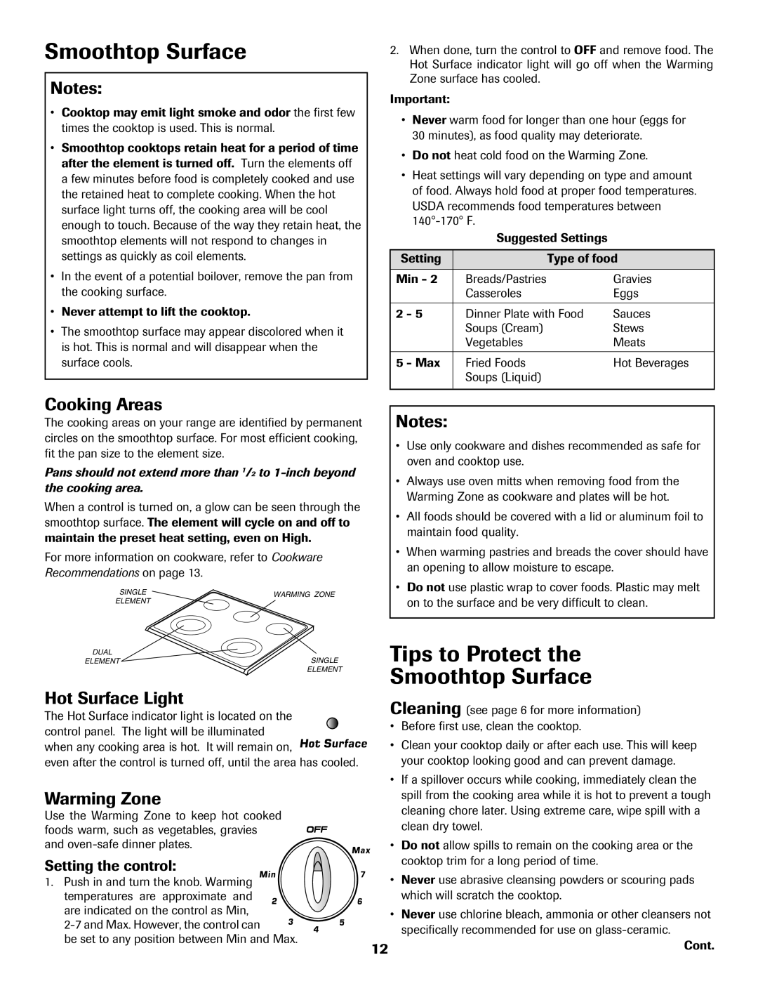 Amana AER5722CAS manual Tips to Protect Smoothtop Surface, Cooking Areas, Hot Surface Light, Warming Zone 