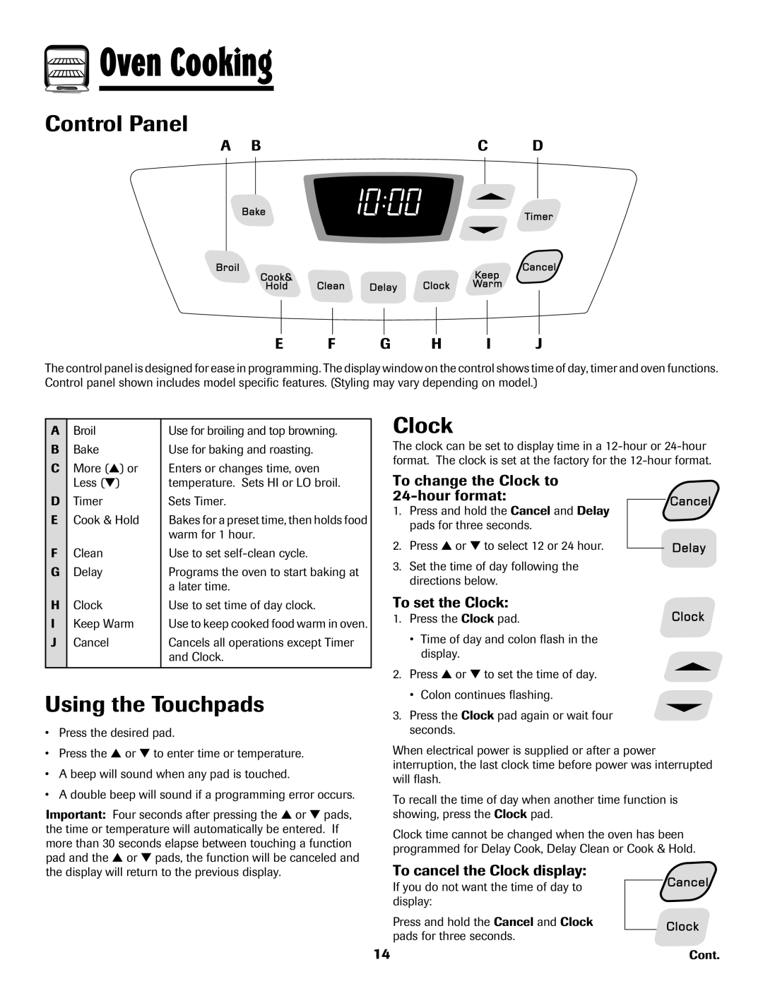 Amana AER5722CAS manual Oven Cooking, Control Panel, Using the Touchpads, Clock, Bc D G H I J 