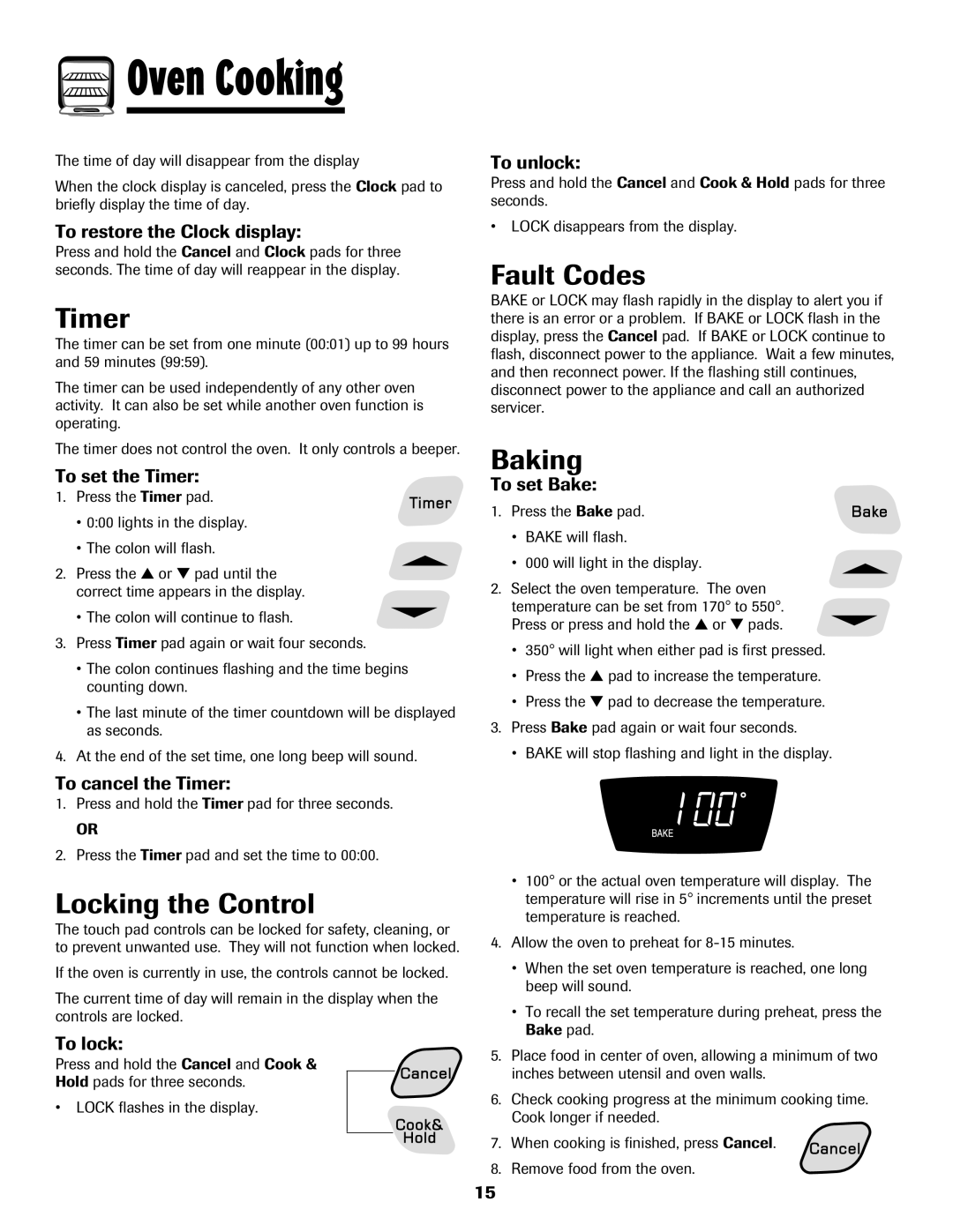 Amana AER5722CAS manual Timer, Locking the Control, Fault Codes, Baking 