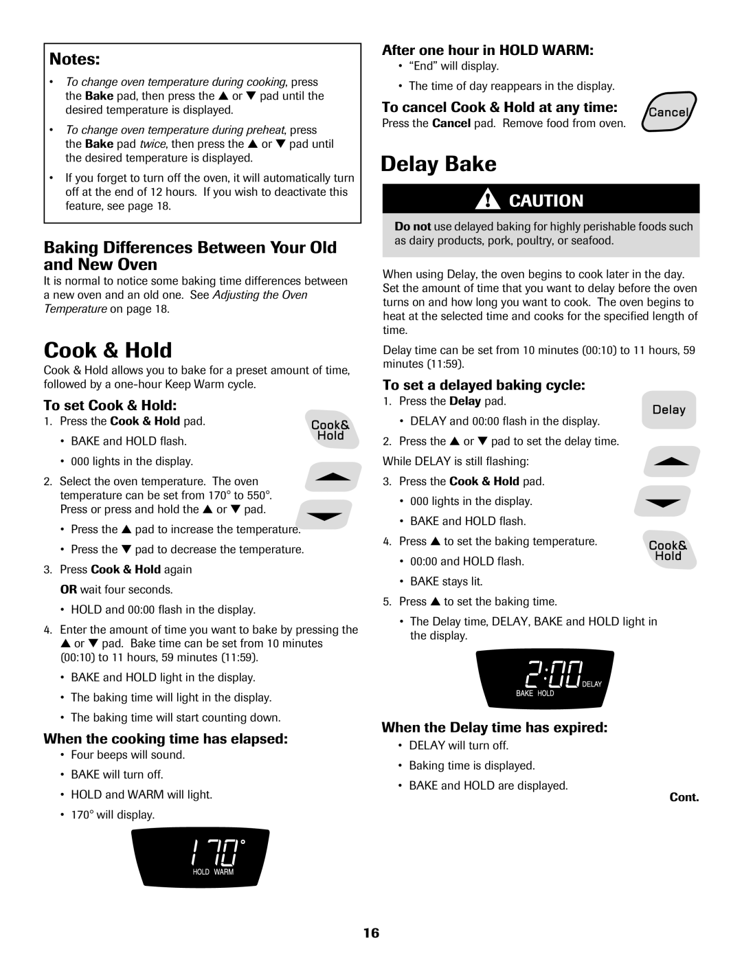 Amana AER5722CAS manual Cook & Hold, Delay Bake, Baking Differences Between Your Old and New Oven 