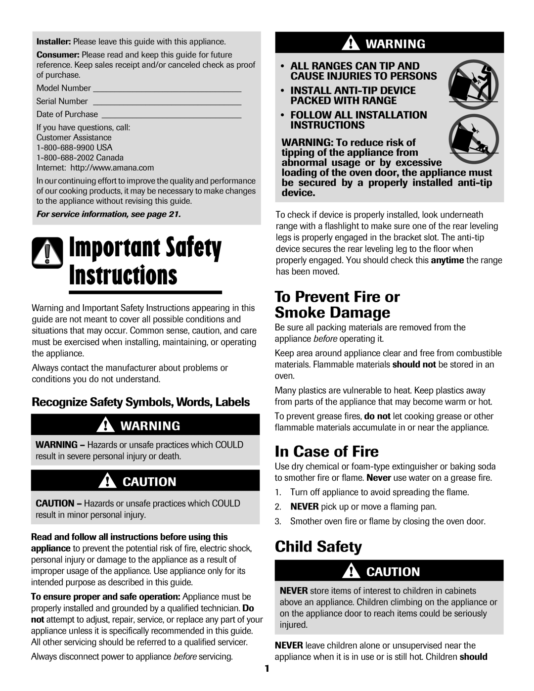 Amana AER5722CAS manual Instructions, To Prevent Fire or Smoke Damage, Case of Fire, Child Safety 