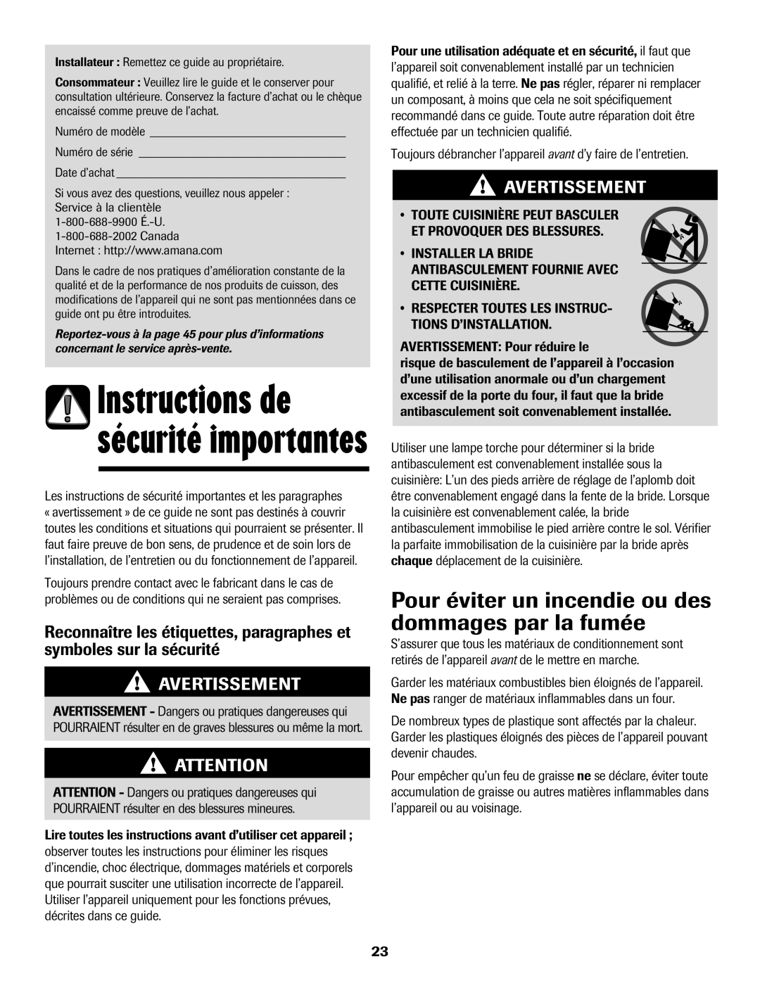 Amana AER5722CAS manual Pour éviter un incendie ou des dommages par la fumée 