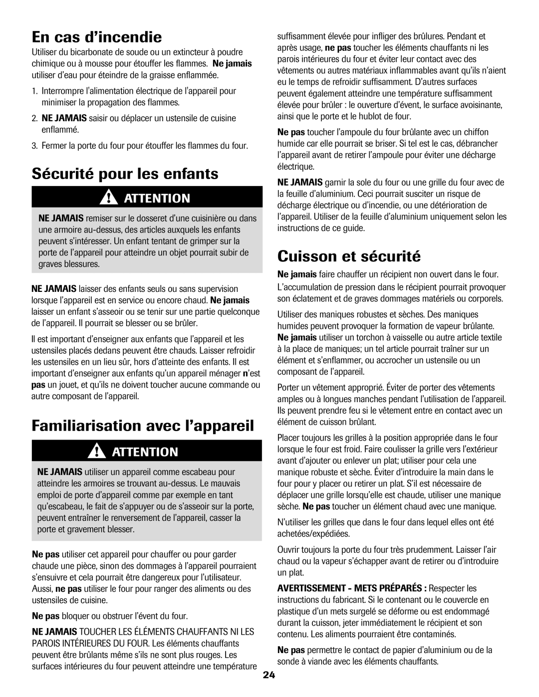 Amana AER5722CAS manual En cas d’incendie, Sécurité pour les enfants, Familiarisation avec l’appareil, Cuisson et sécurité 