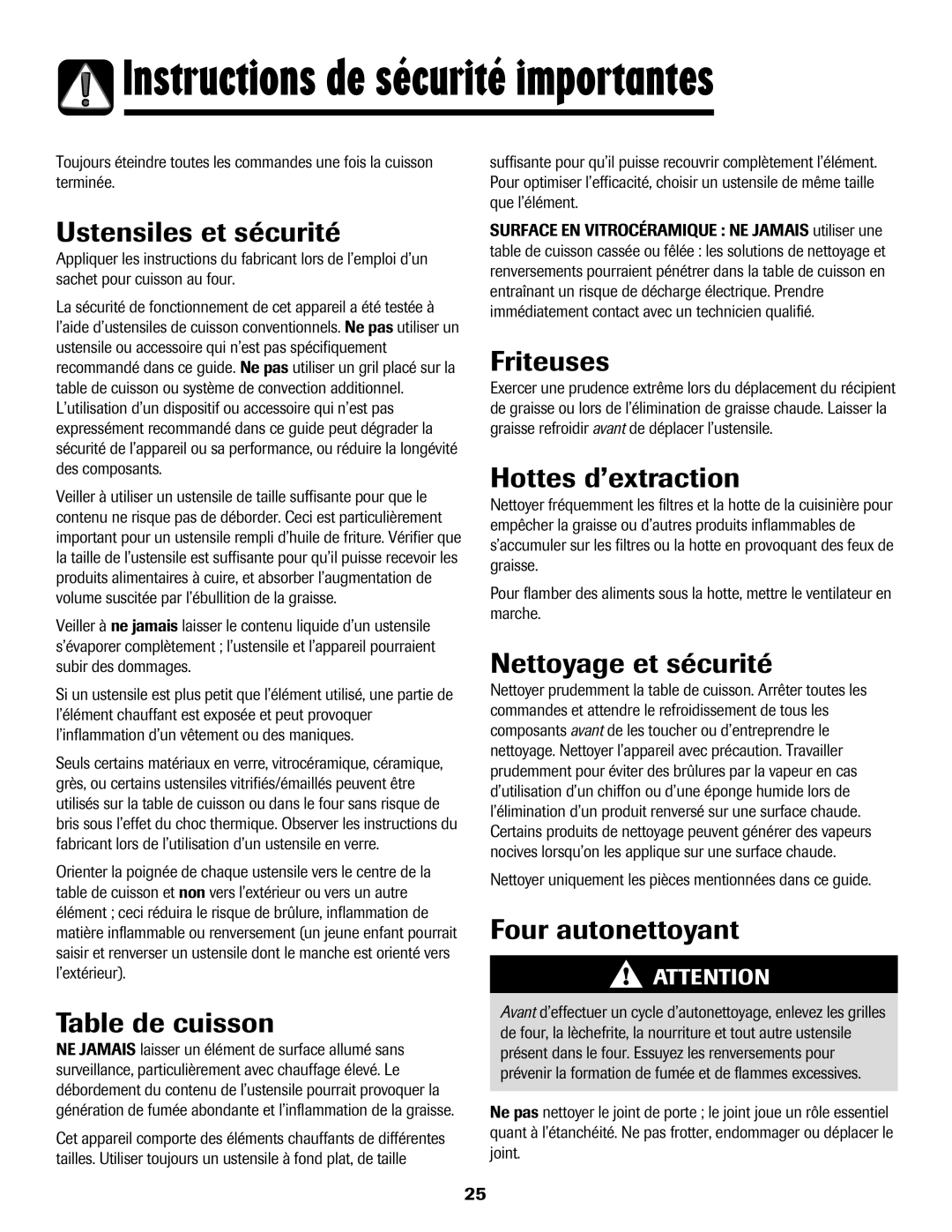 Amana AER5722CAS manual Ustensiles et sécurité, Table de cuisson, Friteuses, Hottes d’extraction, Nettoyage et sécurité 