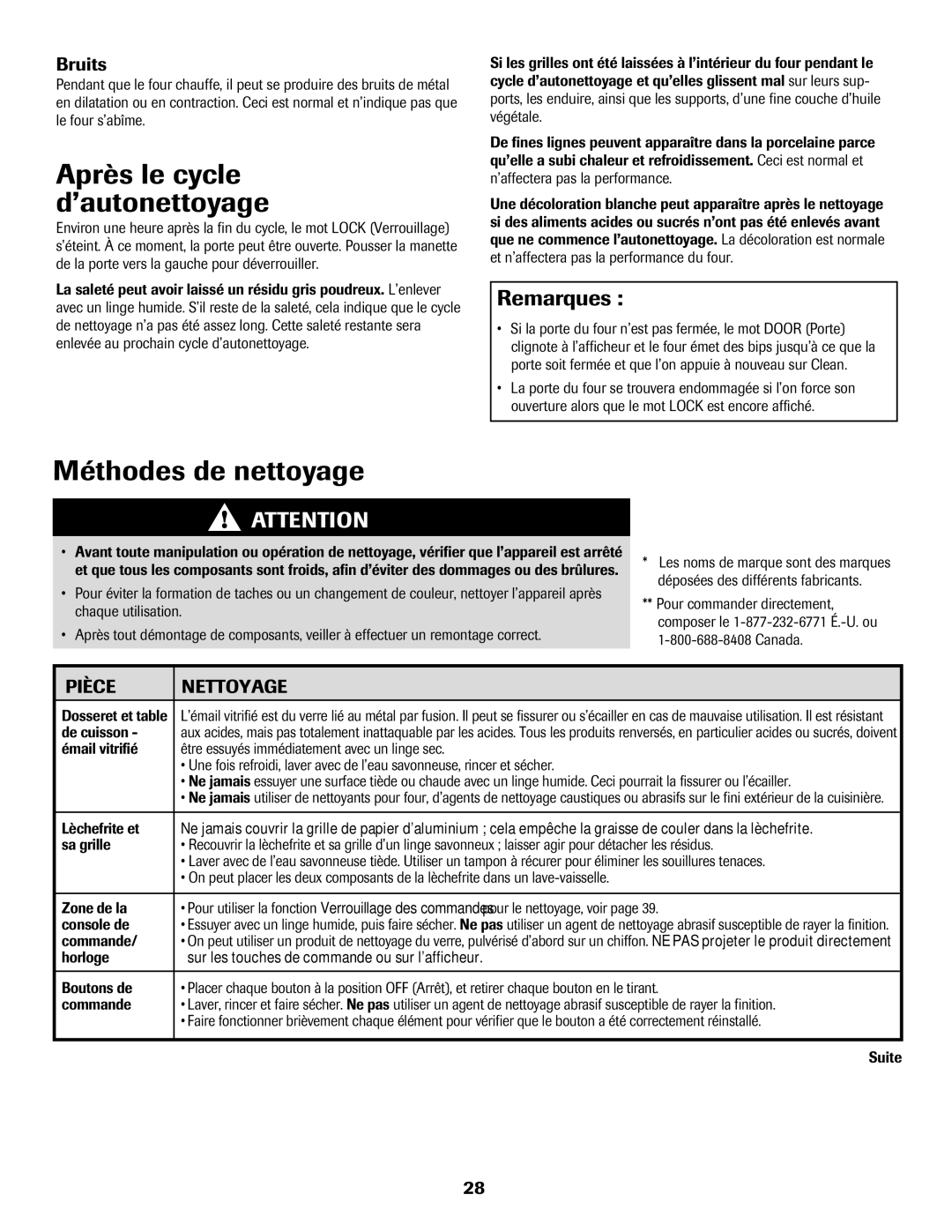 Amana AER5722CAS manual Après le cycle d’autonettoyage, Méthodes de nettoyage, Remarques, Bruits, Pièce Nettoyage 