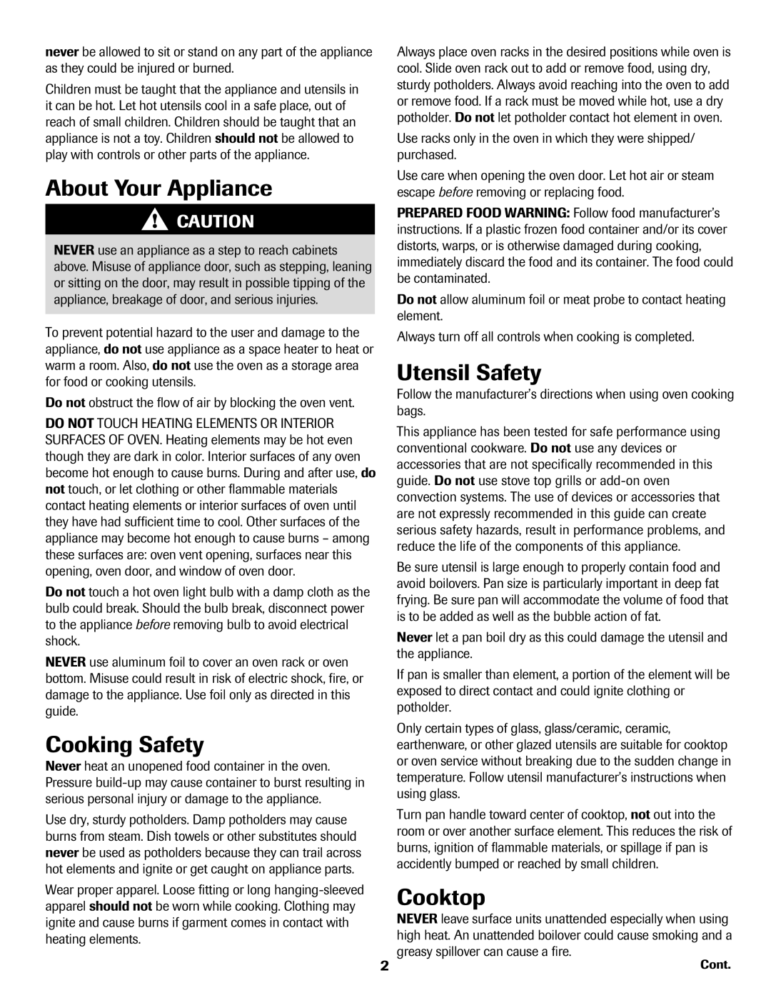 Amana AER5722CAS manual About Your Appliance, Cooking Safety, Utensil Safety, Cooktop, Cont 