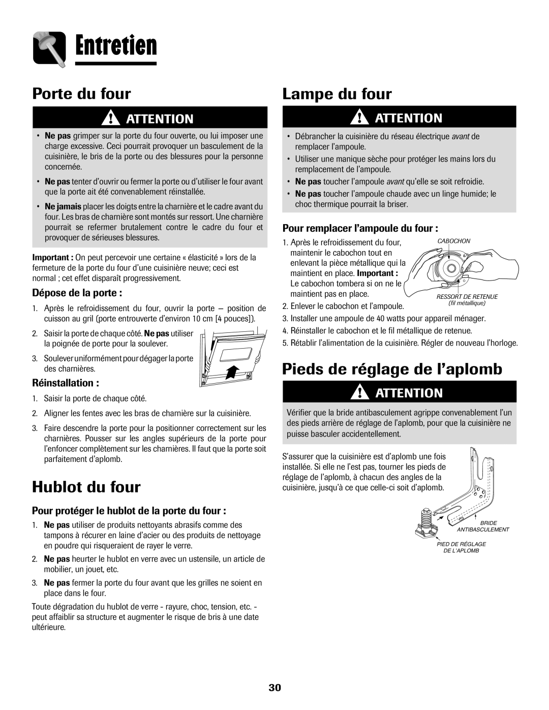 Amana AER5722CAS manual Entretien, Porte du four, Lampe du four, Hublot du four, Pieds de réglage de l’aplomb 