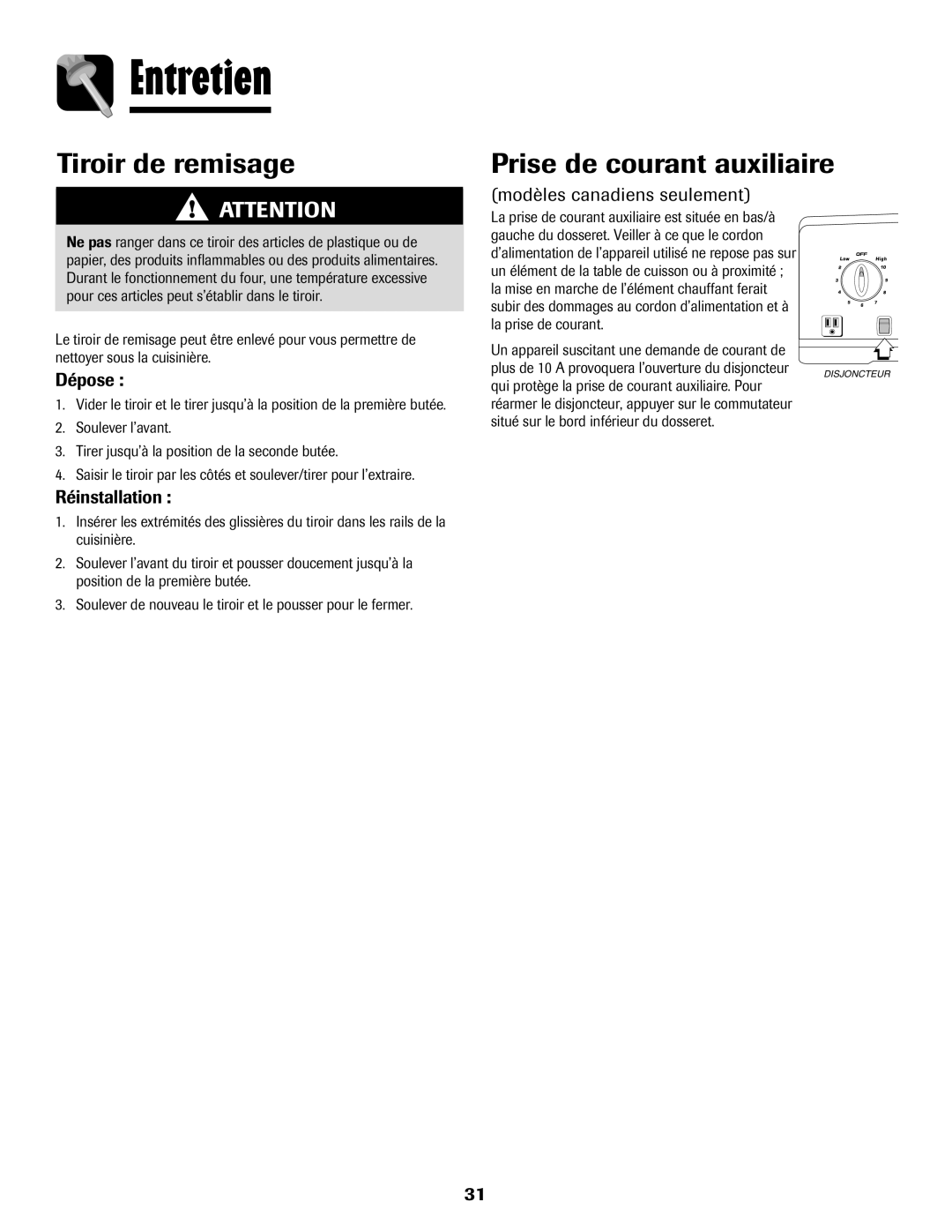 Amana AER5722CAS manual Tiroir de remisage, Prise de courant auxiliaire, Dépose, Modèles canadiens seulement 